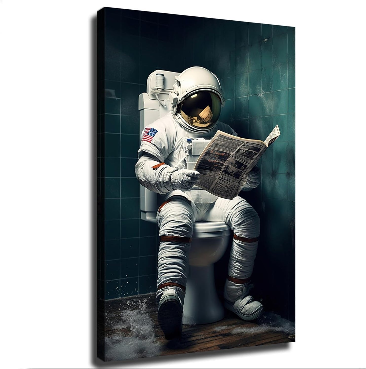 NikkOh Astronaut Reading Newspaper on Toilet Poster Canvas Painting Wall Art Hanging Picture Gift Bedroom Home Aesthetic Decoration (Framed,12×18inch)