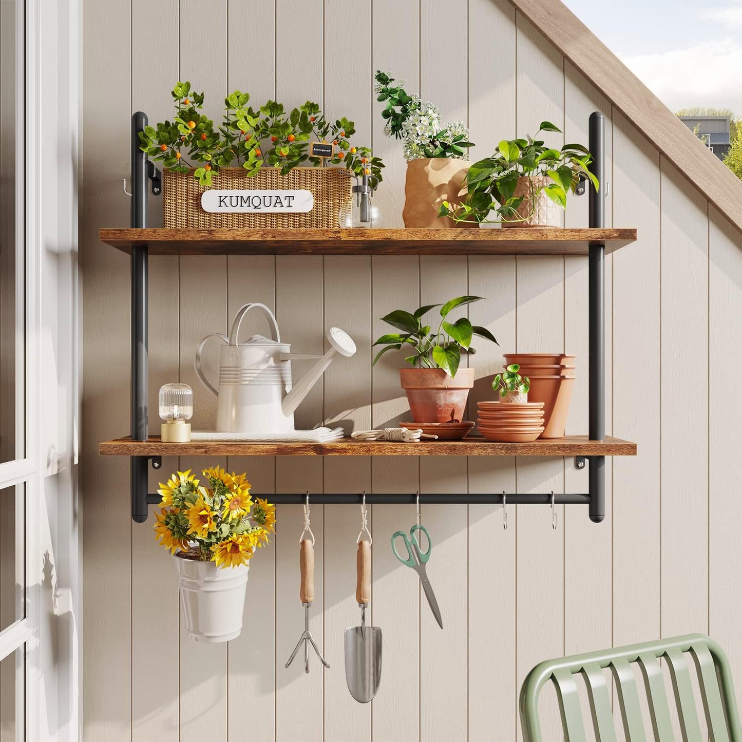 Bestier Pipe Shelf Industrial Floating Shelving 31" Kitchen Wall-Mounted Shelf with Towel Bar Hooks Coffee Bar Shelves Wine Hanging Display Rack Bookshelf Living Room Decor Bathroom-Rustic Brown