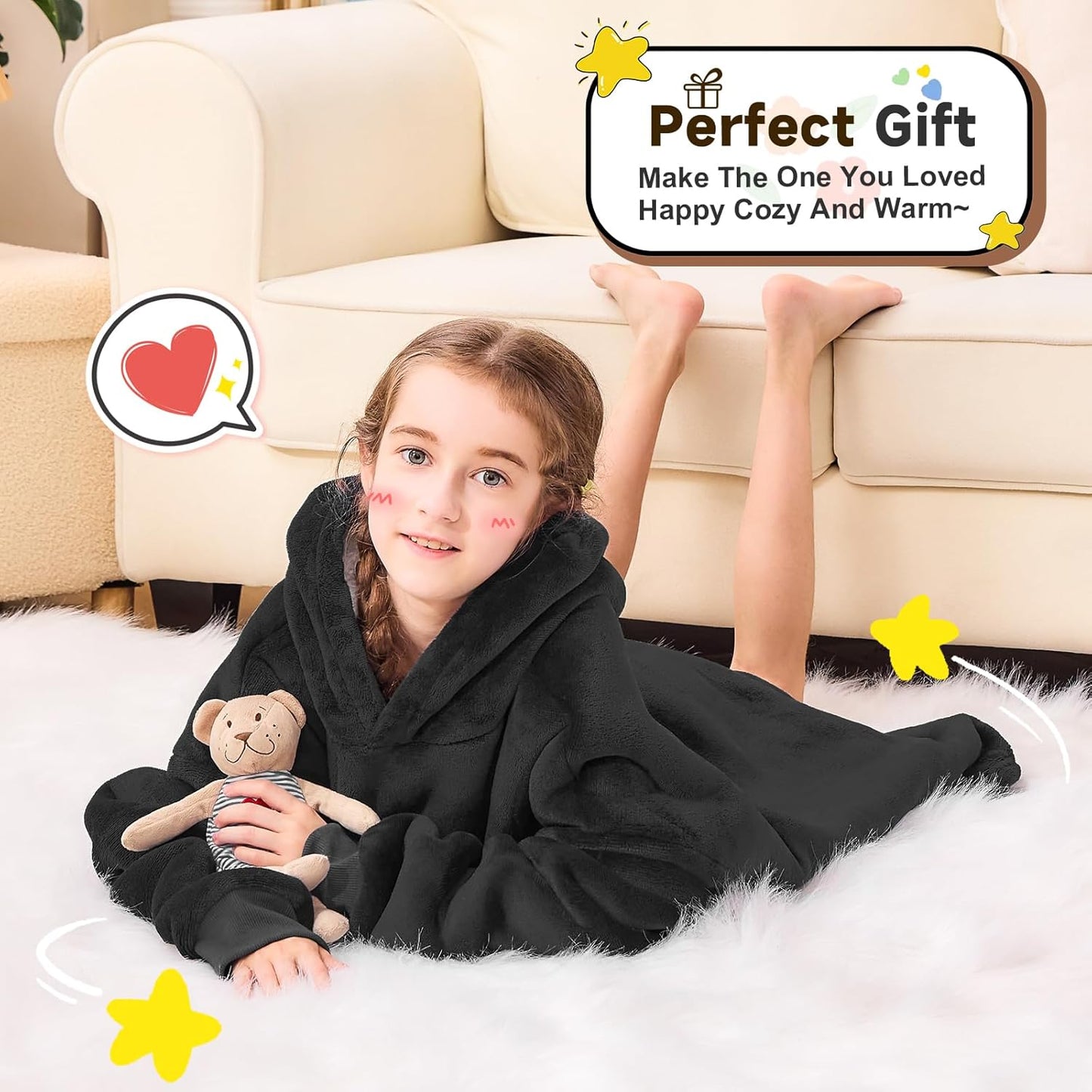 Wearable Blanket Hoodie for Kids & Teens 6-13 Year Old, Oversized Sherpa Fleece Sweatshirt with Pocket, Soft Cozy Hooded Blankets Christmas Birthday Gift for Boys and Girls, Black