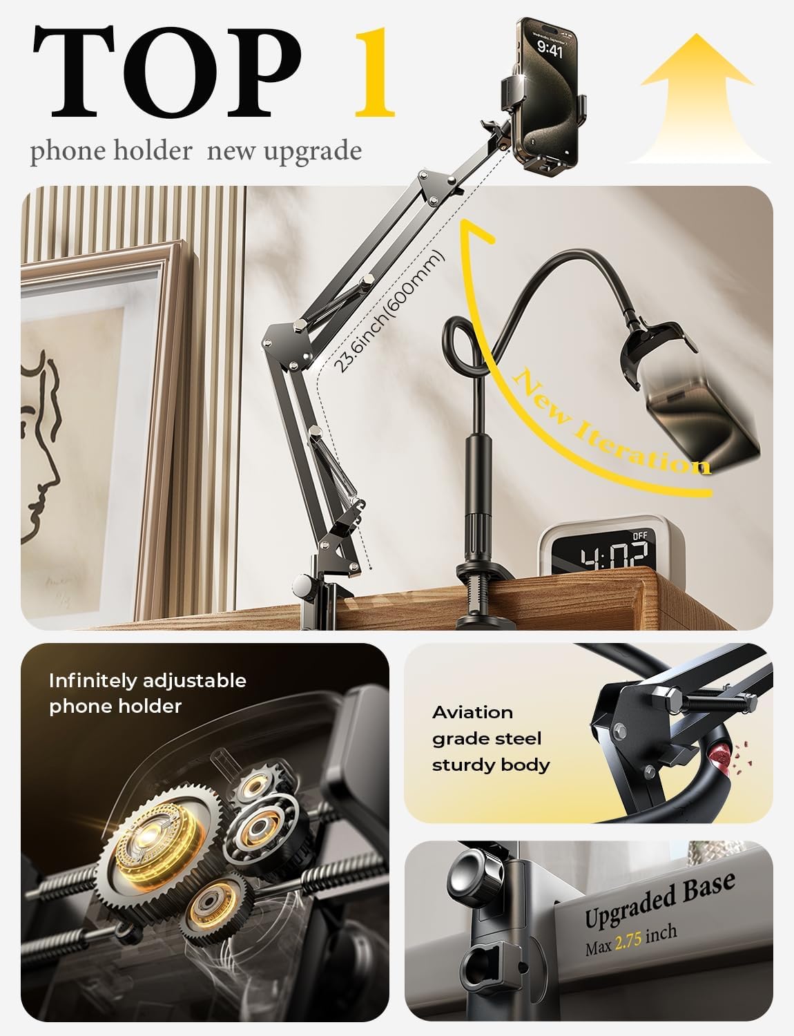 LISEN Gooseneck Phone Holder for Bed Desk [3rd Upgrade] Cell Phone Stand for Desk Bed Gaming Accessories,Gifts for Men Senior Kids Tech Mount for Recording Filming Laying Down Flexible Magic Arm Clamp