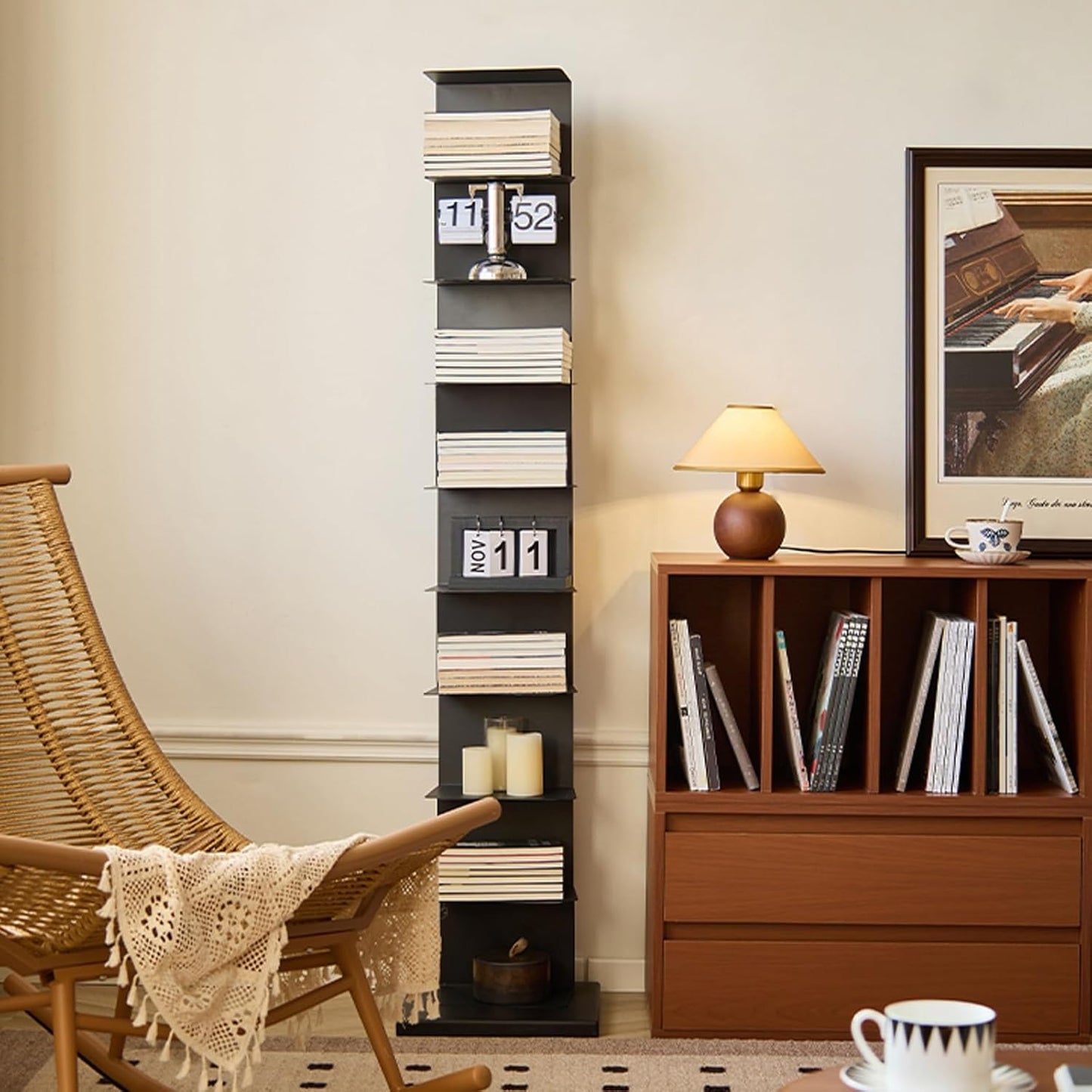 Free Standing Bookcase Open Shelves,Multipurpose Corner Bookshelf, Multipurpose Corner Bookshelf, Simple Narrow Invisible Bookshel, Metal Bookshelf – Vertical Book Tower，modern Open Bookshelf(Black,10