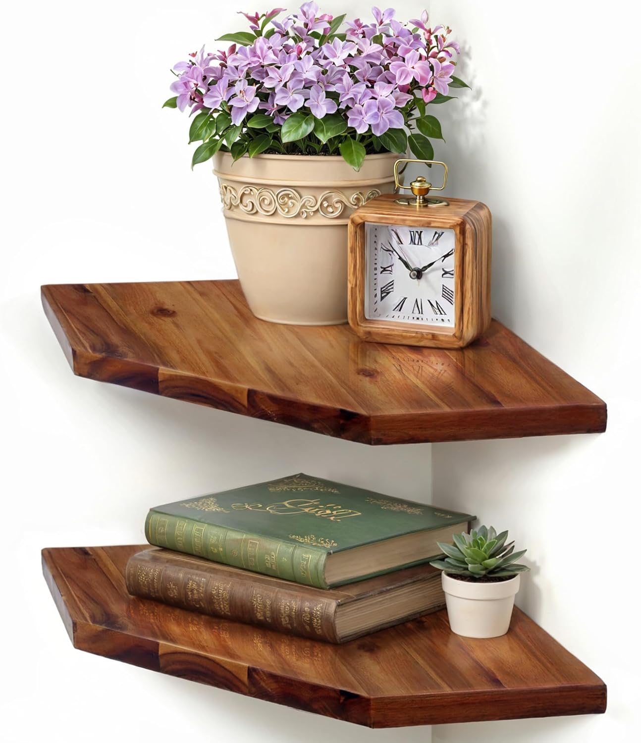Demigo Corner Shelf Wall Mount, Set of 2 Solid Acacia Wood 11.8 x 16.5 inches Floating Corner Shelves, Smooth - Durable - Attractive Corner Shelves for Bedroom Living Room Bathroom Kitchen