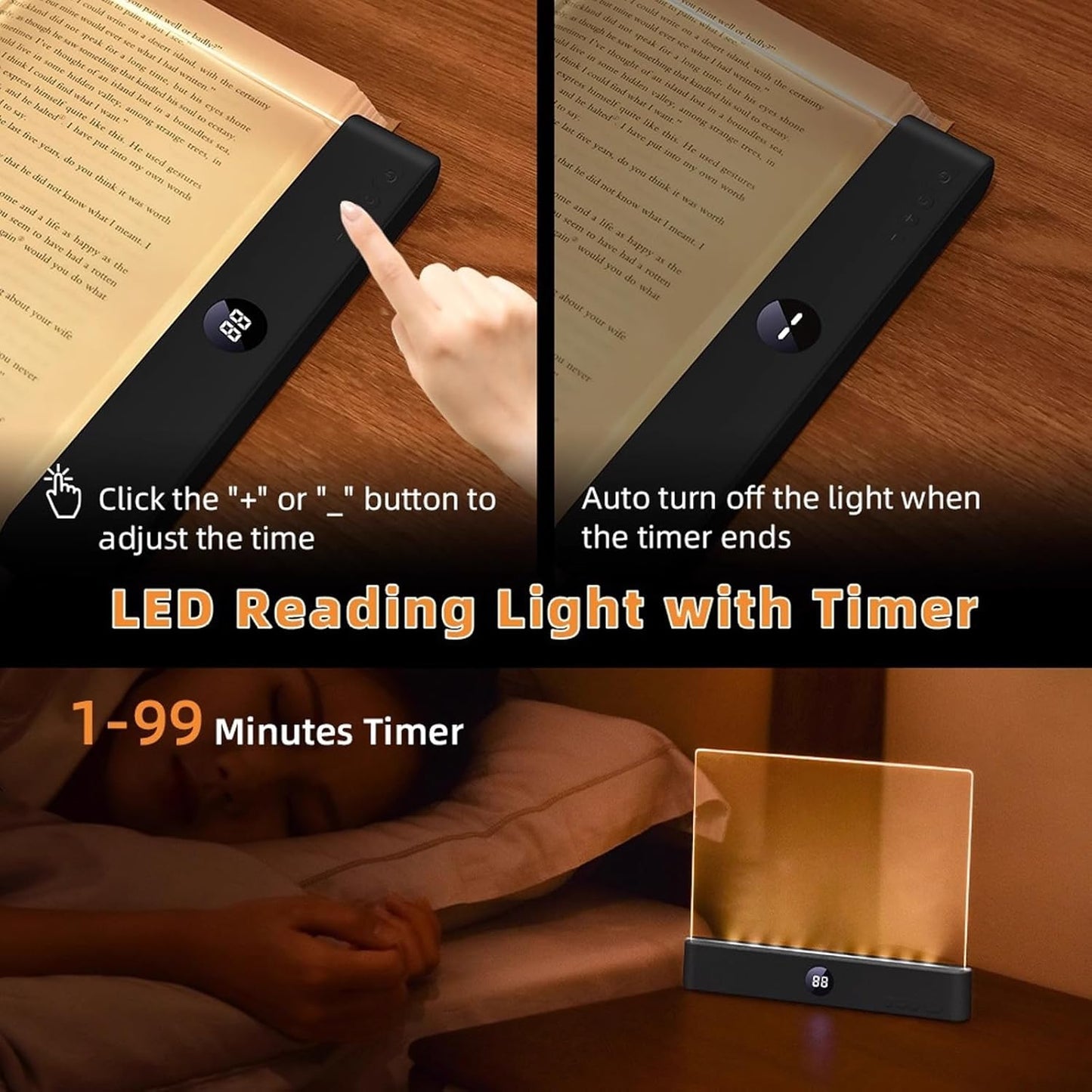 Rechargeable Page Reading Light with Timer, LED Book Panel Lamp with 3 Color Modes, Durable Clear Light Board, Brightness Adjustment, Bedside Reading Lamp for Night Reading (White)