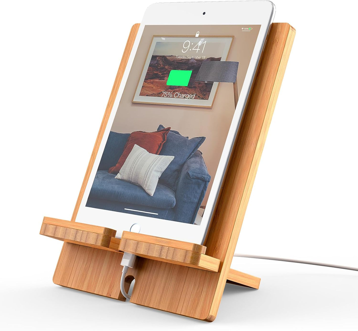 Pezin & Hulin Bamboo Tablet Stand Adjustable, Desktop Cell Phone Stand Holder Dock Compatible with Pad 9.7, 10.5, 12.9, Air 2 3 4 Mini, E-Reader, Phone 8 Plus X XS Max XR (Support to 4.7-13" Devices)