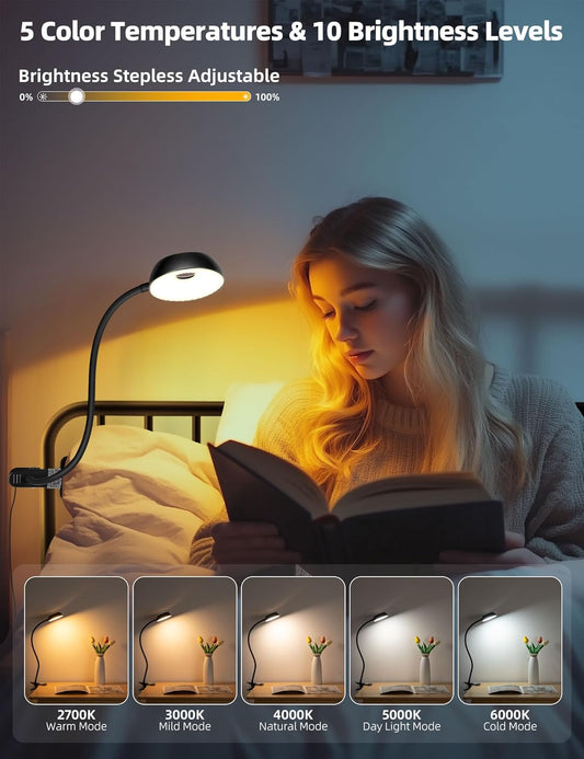 Clip on Desk Lamp 10-Level Dimming & 5 Color Modes Reading Book Light, Flexible Gooseneck Reading Light for Beds, Desks, Headboards - Eye-Friendly Night Light Clip on Light for Bed Bedside (Black)
