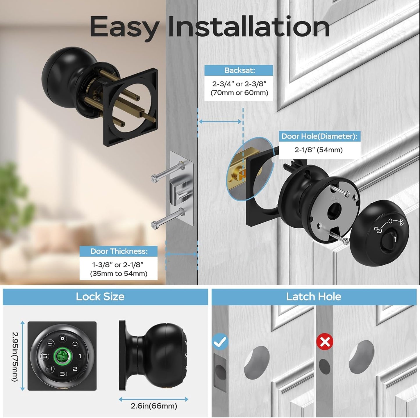 GeekTale Fingerprint Door Lock for Bedrooms, Fingerprint Door Knob with Lock, Smart Door Lock, App Control, Back-up Keys, Thumbprint Door Knob for Bedrooms, Office, Apartment