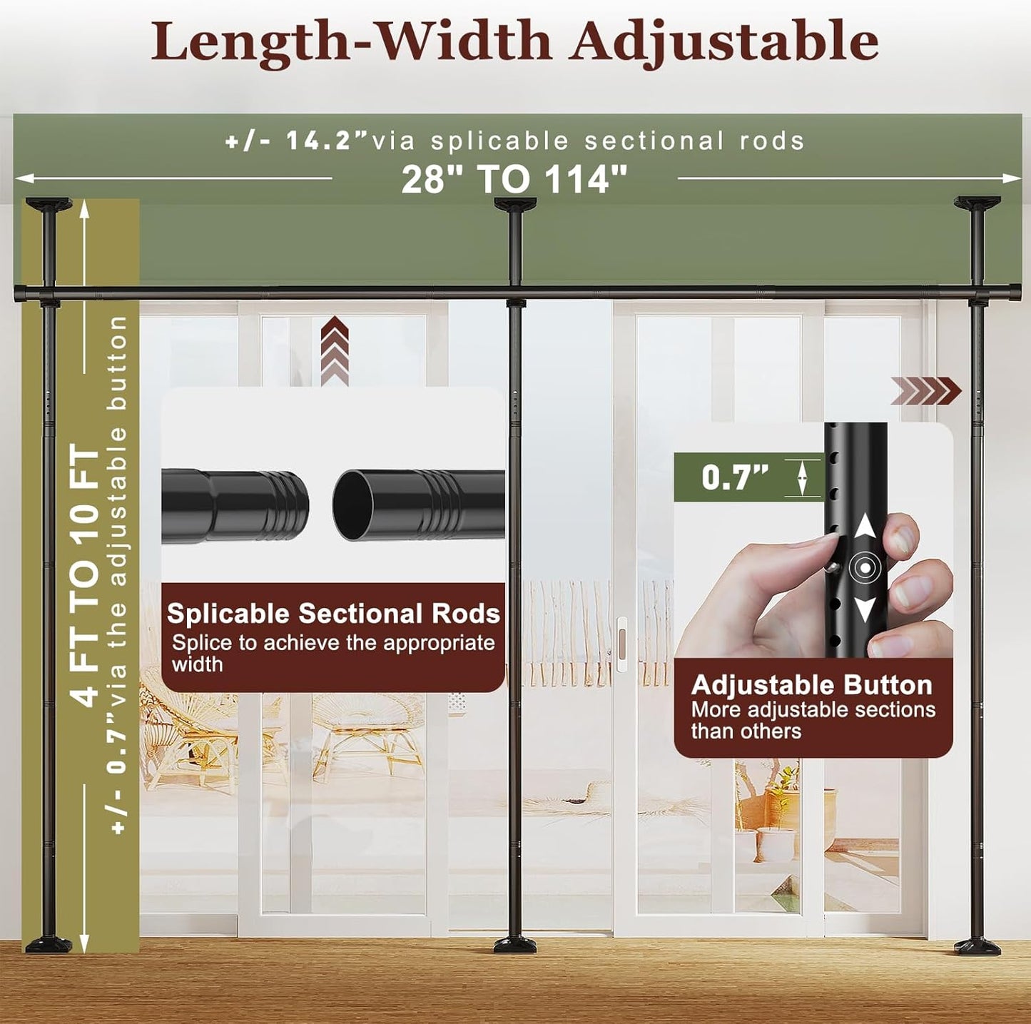 Goovilla Room Divider for Room Separation, Tension Curtain Rods No Drilling, 4-10ft(H) 28-114inch(W) Adjustable Temporary Privacy Wall Divider, Heavy Duty Freestanding Space Partition Separator, Black