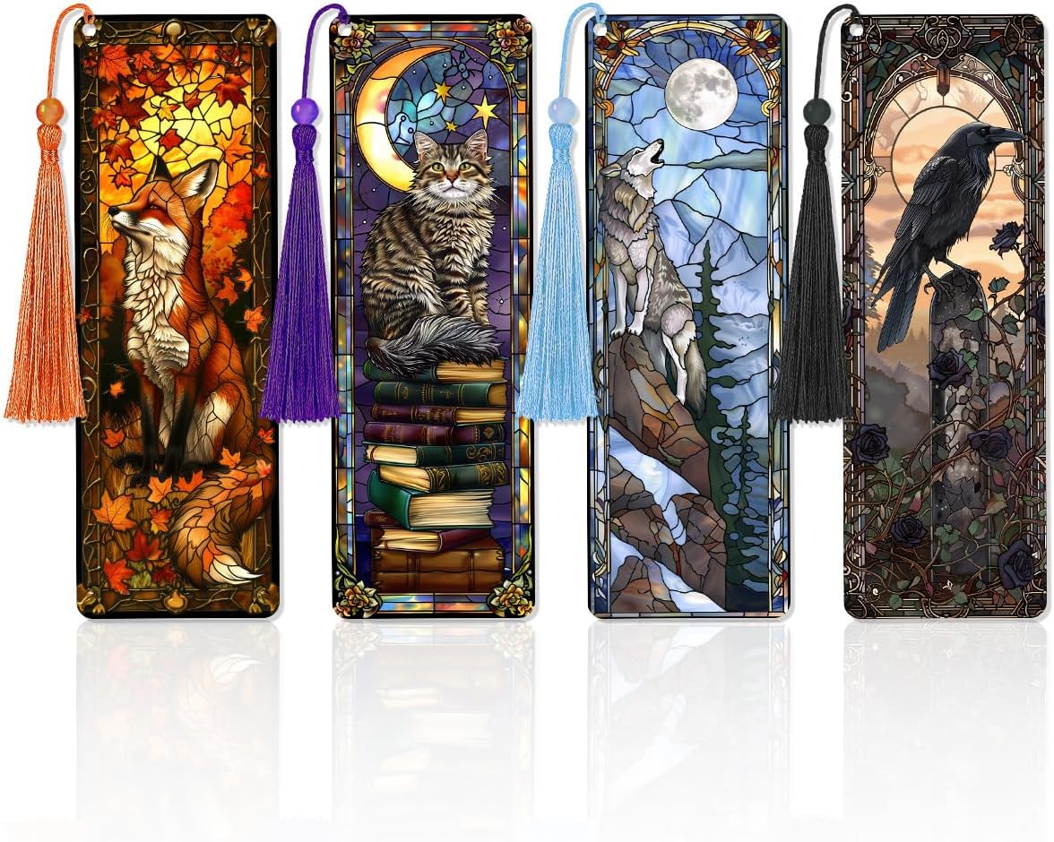 4 Pcs Fantasy Animal Bookmarks Gifts for Reading Women, Stained Glass Transparent PVC Book Marks with Tassels, Cute Black Cat Design Gift, Cool Book Accessories for Book Lovers Bookish