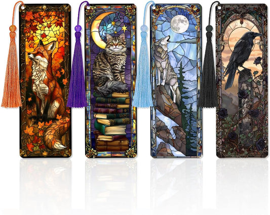 4 Pcs Fantasy Animal Bookmarks Gifts for Reading Women, Stained Glass Transparent PVC Book Marks with Tassels, Cute Black Cat Design Gift, Cool Book Accessories for Book Lovers Bookish