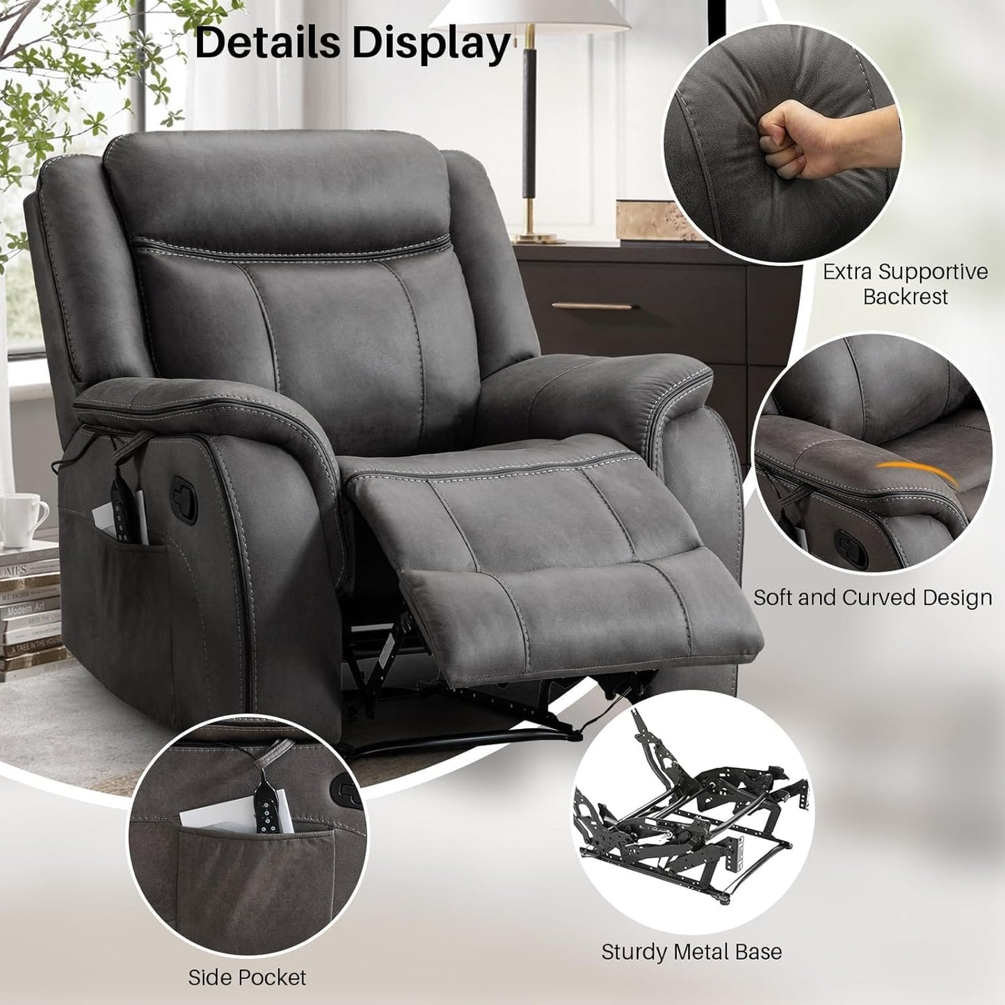 Massage Recliner Chair with Heat 39" Wide Manual Reclining Ergonomic Lounge Chairs Overstuffed Wall Hugger Recliners for Living Room Bedroom Meeting(Black)