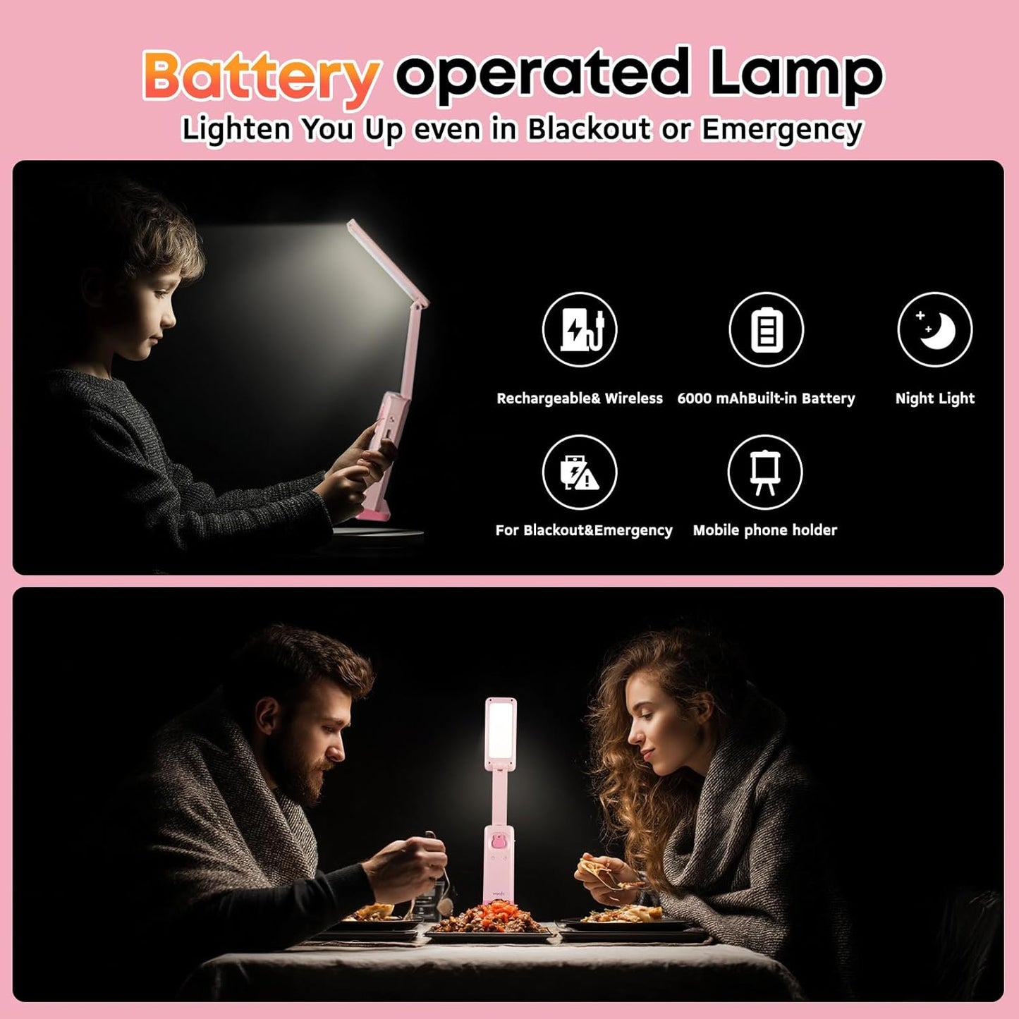 VAVOFO Cute Desk Lamp, Foldable & Portable LED Lamp with 6000mAh Rechargeable Battery, 3 Color Modes, USB-C Cordless Study Lamp for Bedroom, Office, Kids Room (Pink)