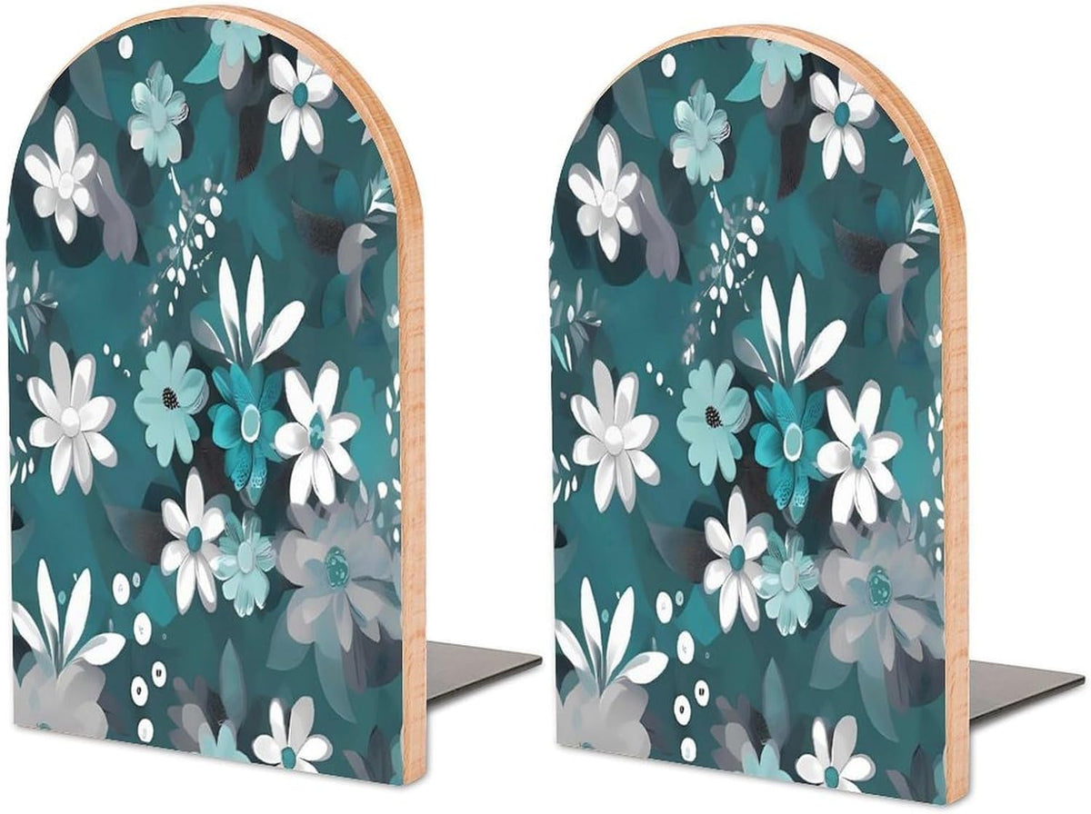 Non-Slip Bookend for Shelves Teal Grey and White Floral Wooden Bookends with Metal Base Decorative Book Stopper for Home Heavy Duty Wood Book Storage for Books/CDs