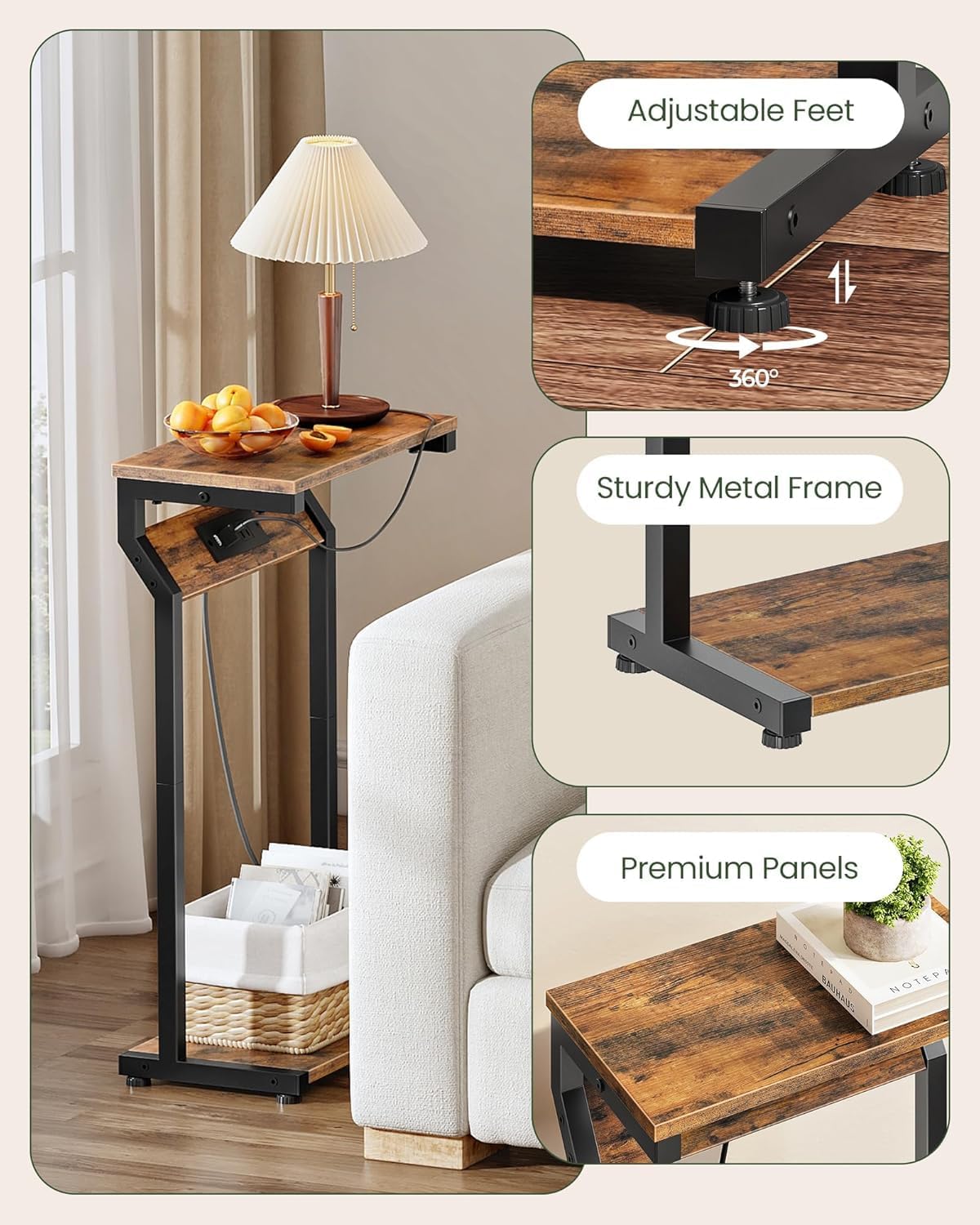Narrow Side Table with Charging Station, 27" Skinny End Table for Small Spaces, Couch Table with Storage, Slim Tray Table with USB Ports, for Living Room, Bedroom, Rustic Brown TBZ27UBF