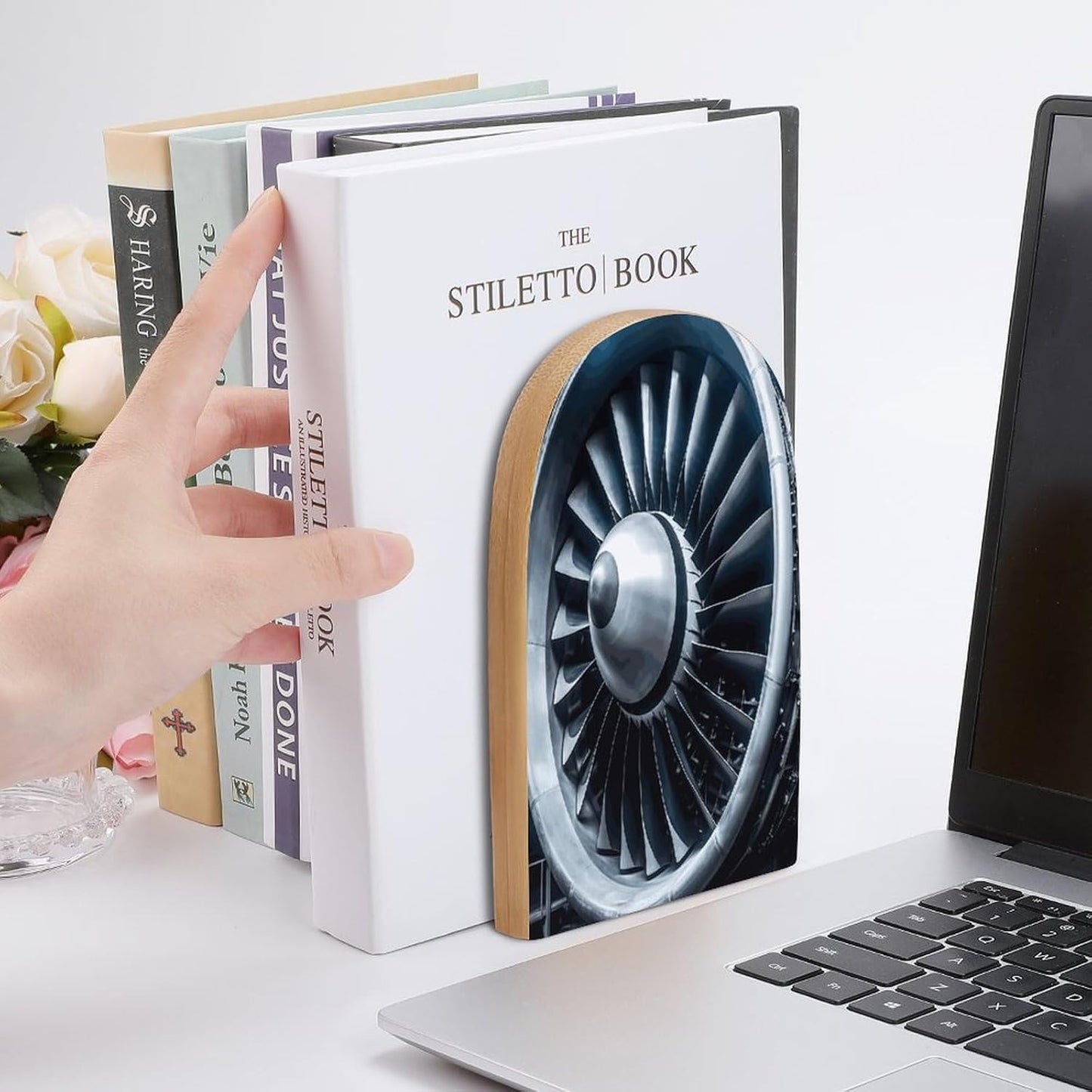 Jet Engine Bookend for Shelves Wooden Book End Large Size Sturdy Book Holders Stoppers with Metal Base for Bookshelves Slick Decorative Bookends Stands