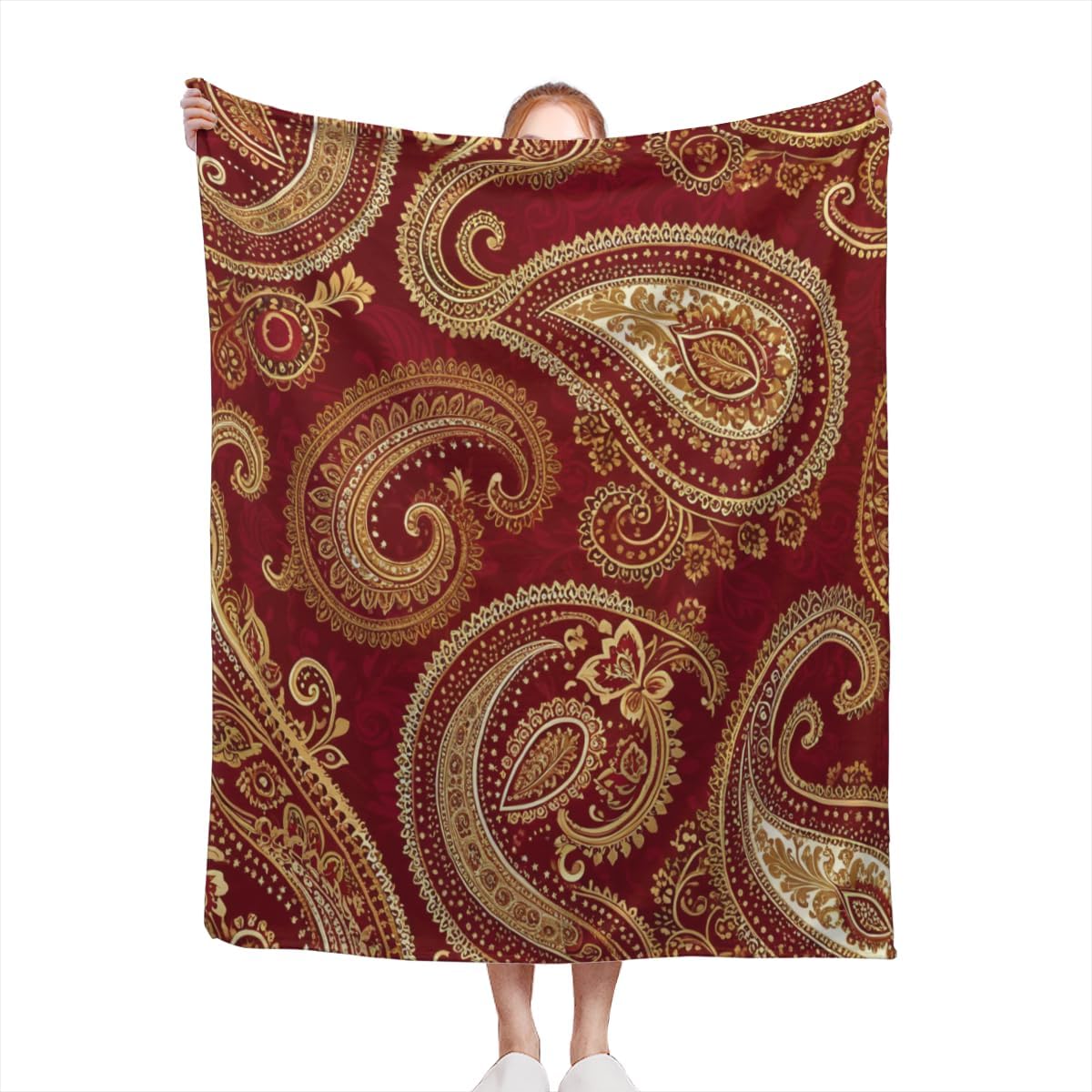 Soft Throw Blanket Burgundy Red and Gold Paisley Pattern Print Floral Paisly Design Lightweight Blanket for Beds, Sofas & Couches - All Seasons Home Décor
