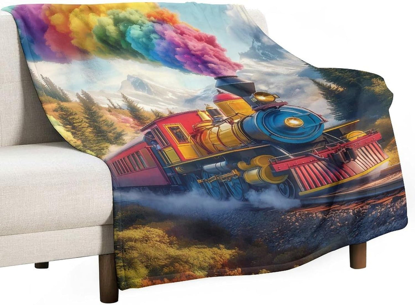 Steam Train Rainbow Cloud Sky Forests Mountain Throw Blanket for Couch Bed Plush Cozy Fuzzy Flannel Blanket for All Season 55"x70"