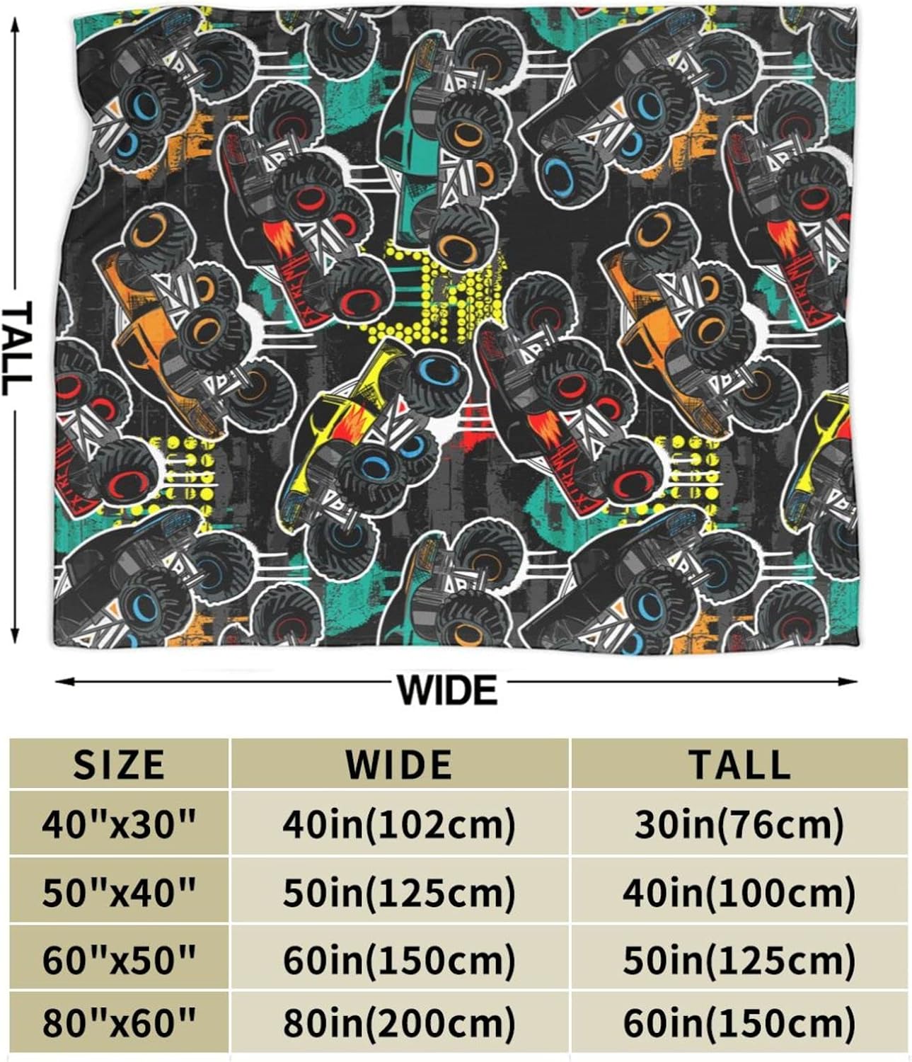 Perinsto Monster Trucks Cars Throw Blanket Ultra Soft Warm All Season Decorative Fleece Blankets for Bed Chair Car Sofa Couch Bedroom 60"X50"