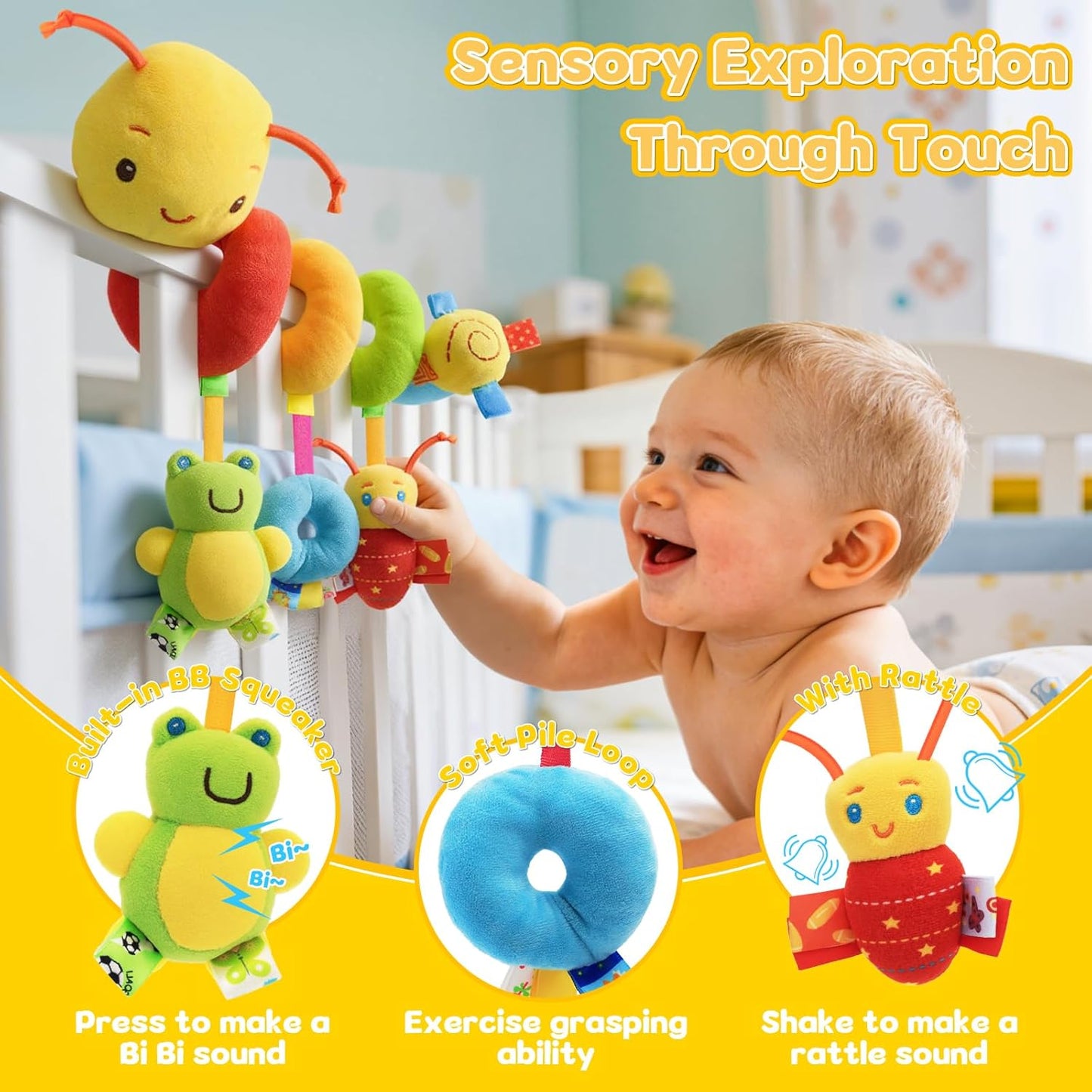 Baby Crib Hanging Rattles Toys - Infant Baby Worm Crib Bed Around Rattle Bell Cartoon Insect Spiral Hanging Toy with Ringing Bell for Infants Bed Stroller Car Seat Bar for Babies Boys and Girls