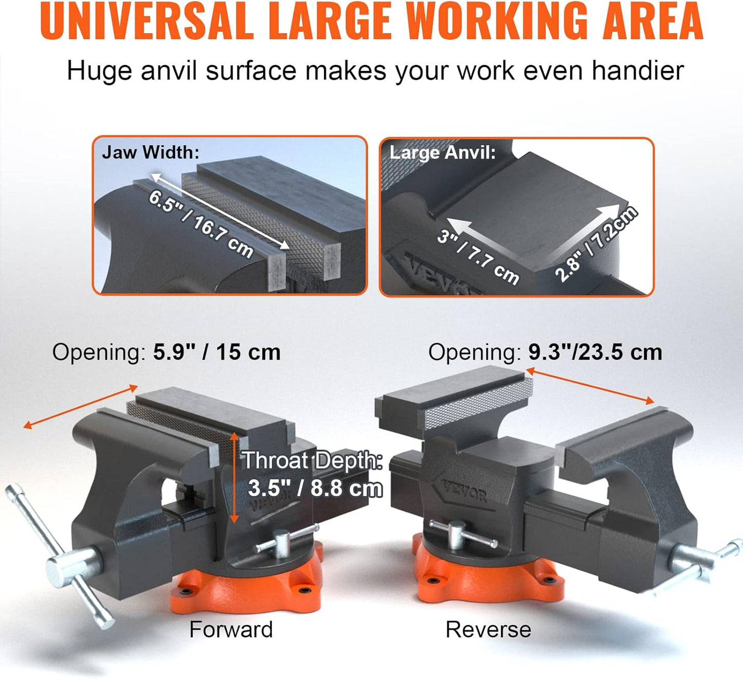 VEVOR Bench Vise, 6.5" Jaw Width 6.5" Forward &9.3" Reverse Opening, 360-Degree Swivel Locking Base Multipurpose Workbench w/Anvil, Heavy Duty Ductile Iron w/Bolts & Nuts, for Drilling, Pipe Cutting