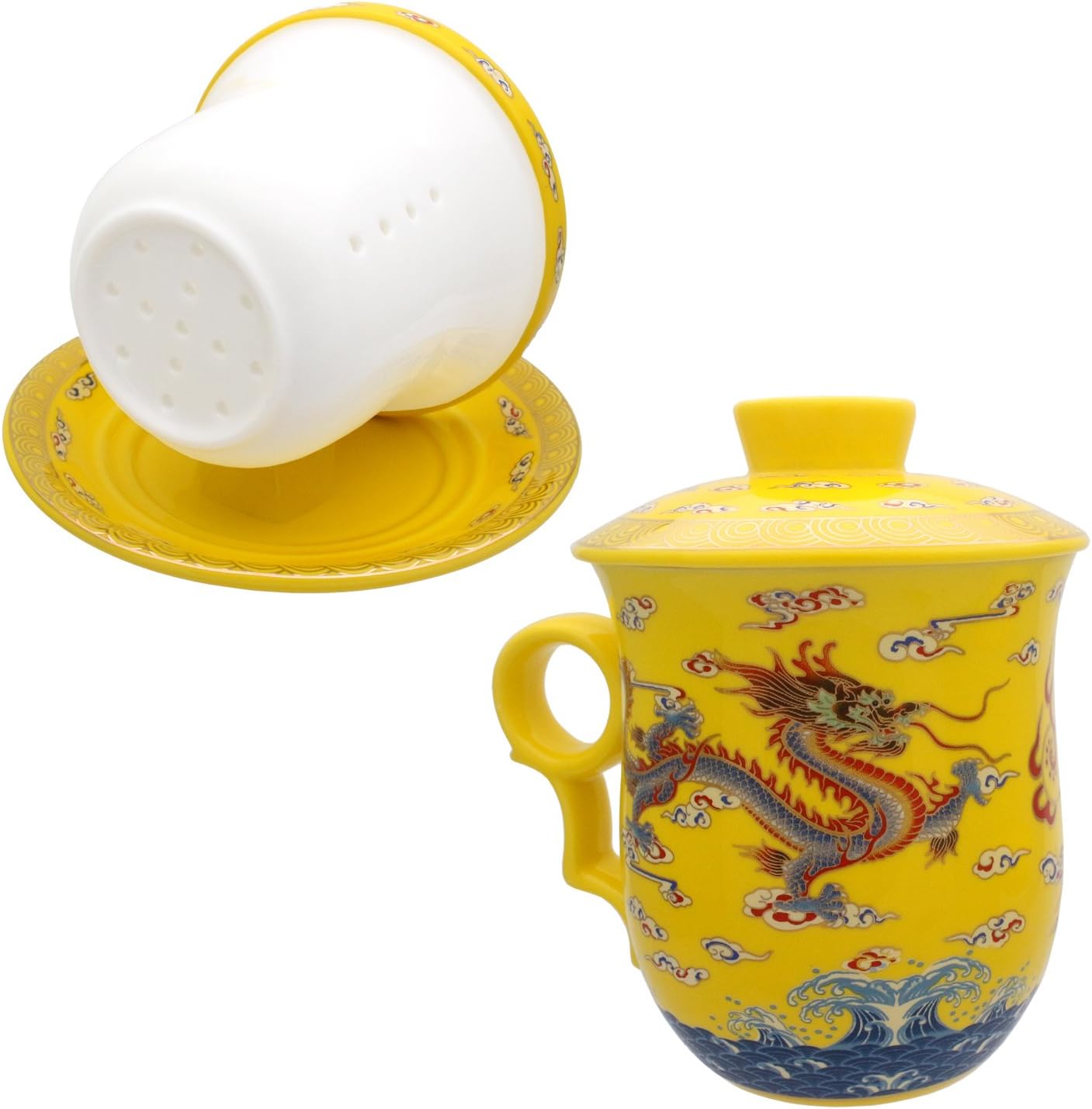 Porcelain Tea Cup with Infuser Lid and Saucer Sets - Chinese Jingdezhen Ceramics Coffee Mug Teacup Loose Leaf Tea Brewing System for Home Office