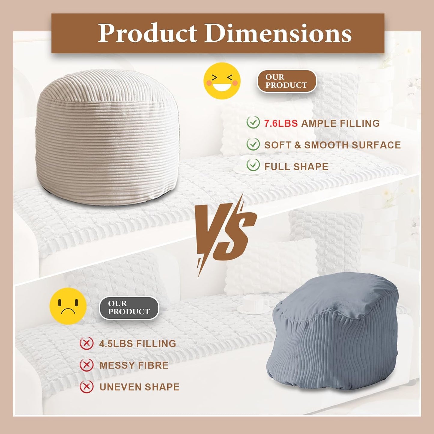 Foot Stools Ottoman,Round Stuffed Pouf Ottoman, Corduroy Poufs with Foam Chunk Filling, Furry and Fluffy Storage Ottomans, 20 X 15 Floor Poufs Foot Rest for Living Room