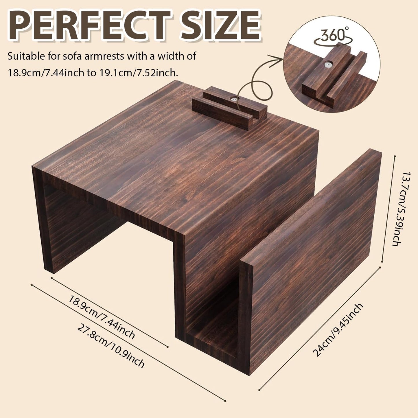 Couch Arm Table Tray with 360° Phone Holder Side Storage Pocket 3 in 1 Couch Armrest Table Wooden Clip-On Sofa Arm Tray Table for Living Room TV Dinners Eating Drinks Snacks (Brown)