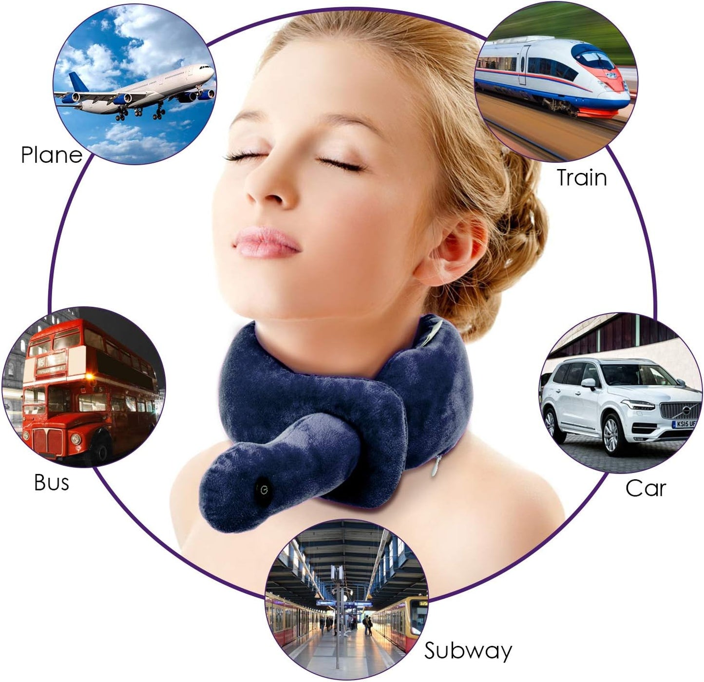 Travel Neck Pillow with Vibration Massage, Battery Operated Adjustable Airplane Neck Pillow for Comfort & Relaxation, Gift for Parents (Blue)
