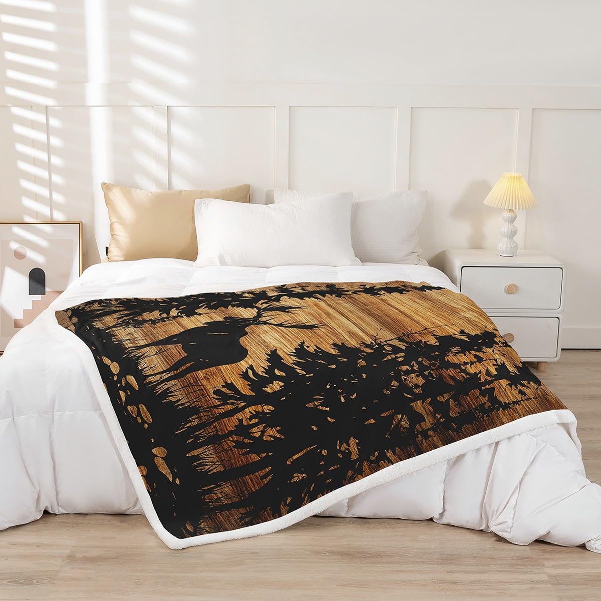 Feelyou Moose Fleece Throw Blanket Twin 60"x80" Rustic Cabin Country Fuzzy Blanket for Bed Sofa Couch Vintage Brown Wood Room Decorations