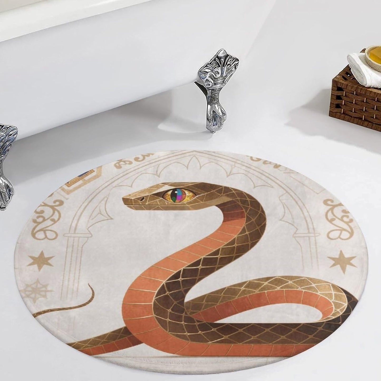 Coral Velvet Round Area Rug 3' Non-Slip TPR Backing Carpet 0.2 Inch Low Pile Snake Classic Design Door Mat Washable Decorative Floor Rug for Bathroom Kitchen Entryway Home Decor
