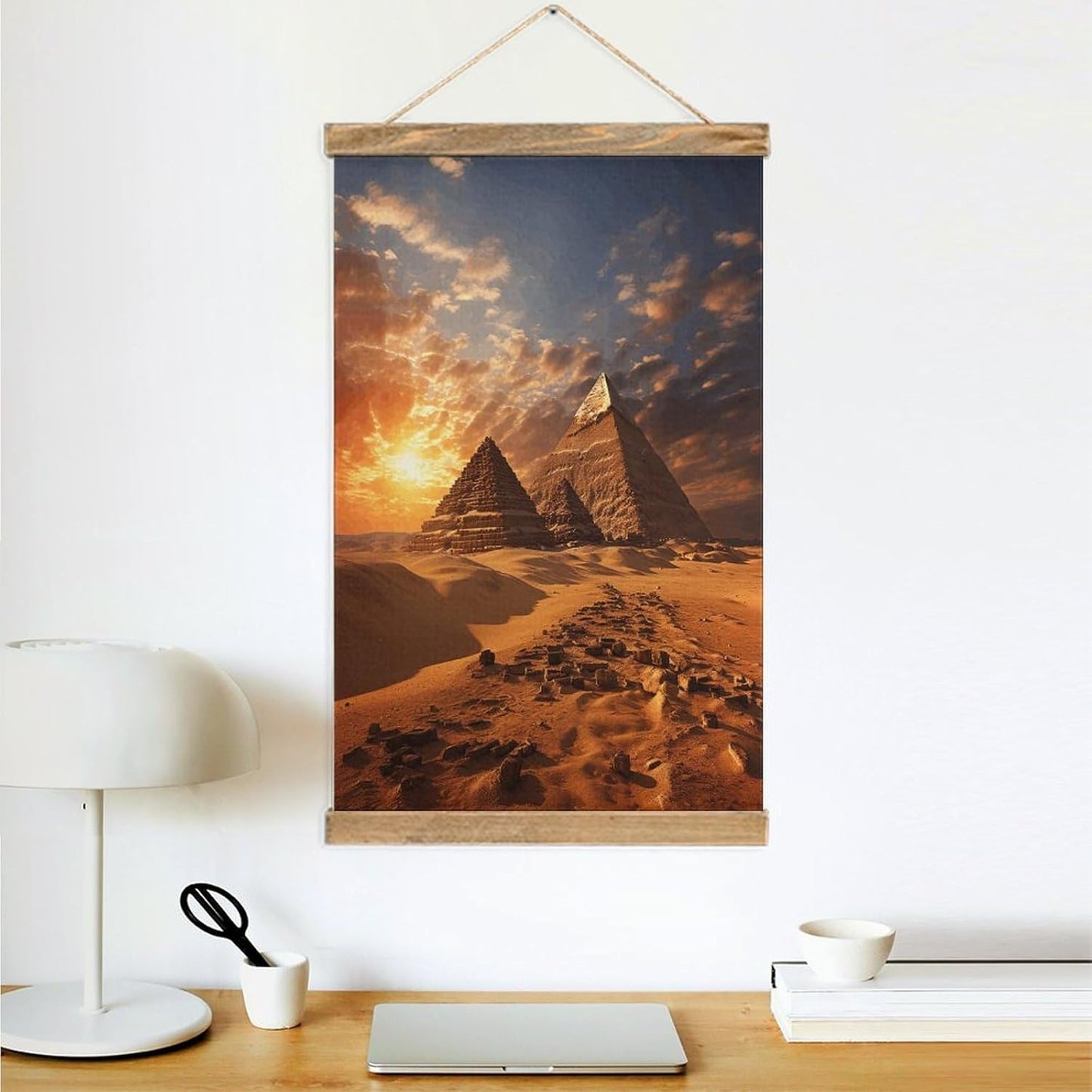Vintage Egyptian Pyramids Poster with Wooden Frame Personalized Linen Hanging Scroll Painting Rustic Wall Hanging Illustrative Modern Artwork Decor for Home Living Room Bedroom Office