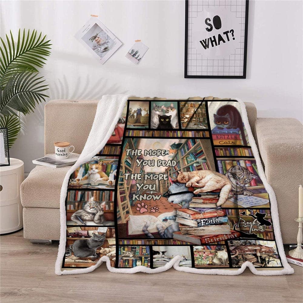 Book Lovers Throw Blanket, Cat Lovers Blanket, Soft Cat & Books Blanket for Sofa, Couch, Beds Decoration, Christmas 50x60