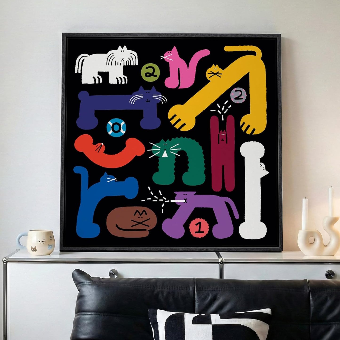 Framed Colorful Funny Cat Wall Art for Kids Room, Abstract Eclectic Cute Cartoon Prints Painting, Large Playful Animal Picture Wall Decor for Living Room Bedroom Nursery 24x24 Inch