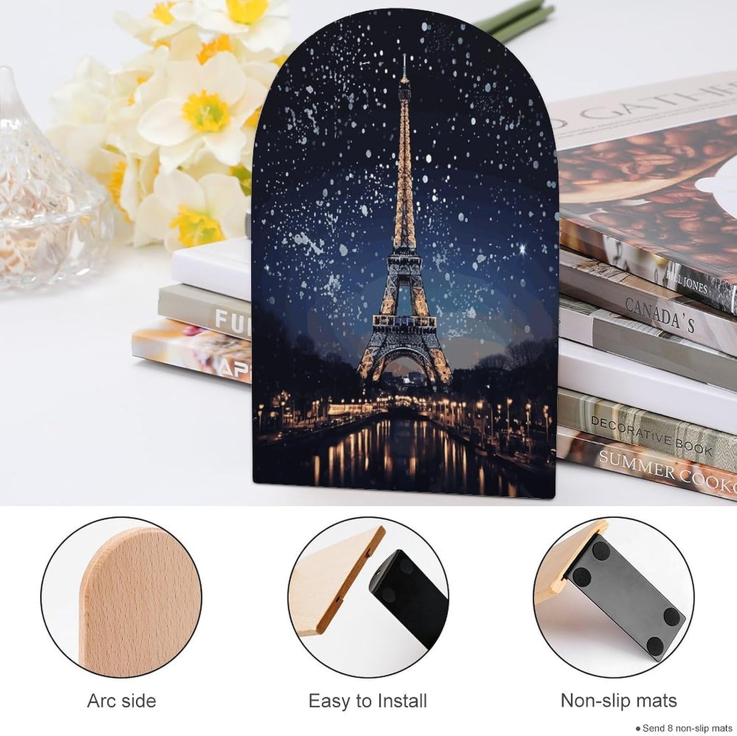 Night Paris Eiffel Tower Bookend for Shelves Wooden Book End Large Size Sturdy Book Holders Stoppers with Metal Base for Bookshelves Slick Decorative Bookends Stands