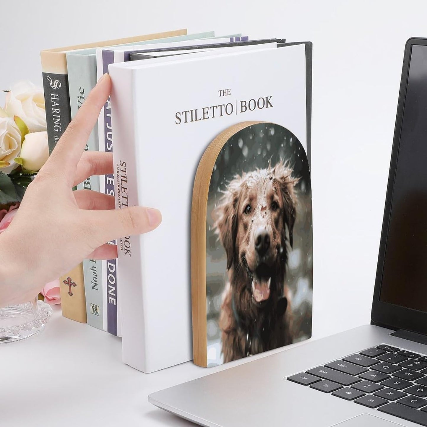 Non-Slip Bookend for Shelves Happy Dog in Rain Wooden Bookends with Metal Base Decorative Book Stopper for Home Heavy Duty Wood Book Storage for Books/CDs
