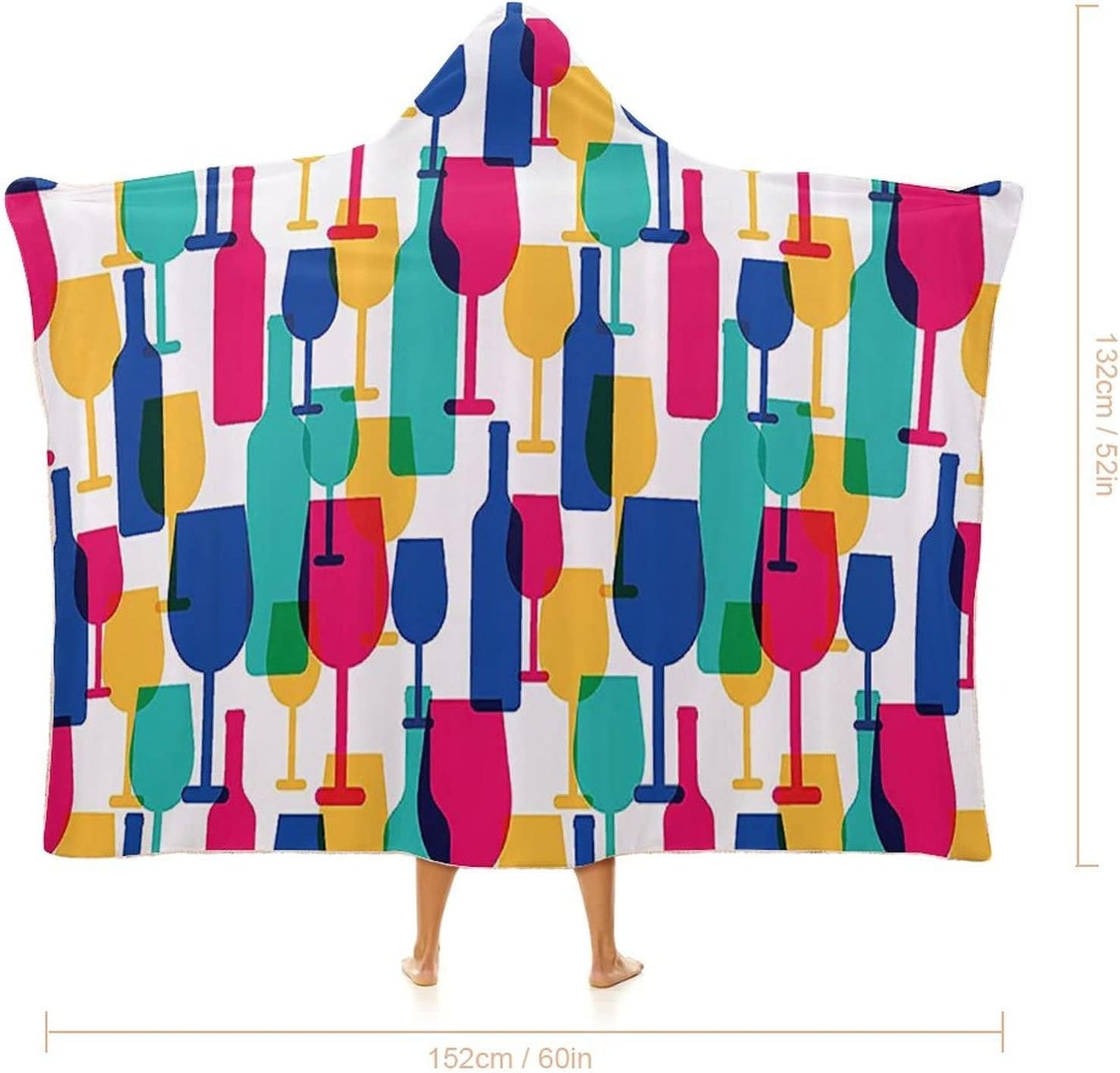 Throw Blankets, Winery Decor Wearable Hooded Blanket for Adults, Cocktail Glass and Wine Bottle Pattern Bar, Soft Warm Cozy, 50 x 60inches, Studying Reading Snuggling Napping Office, Magenta Navy