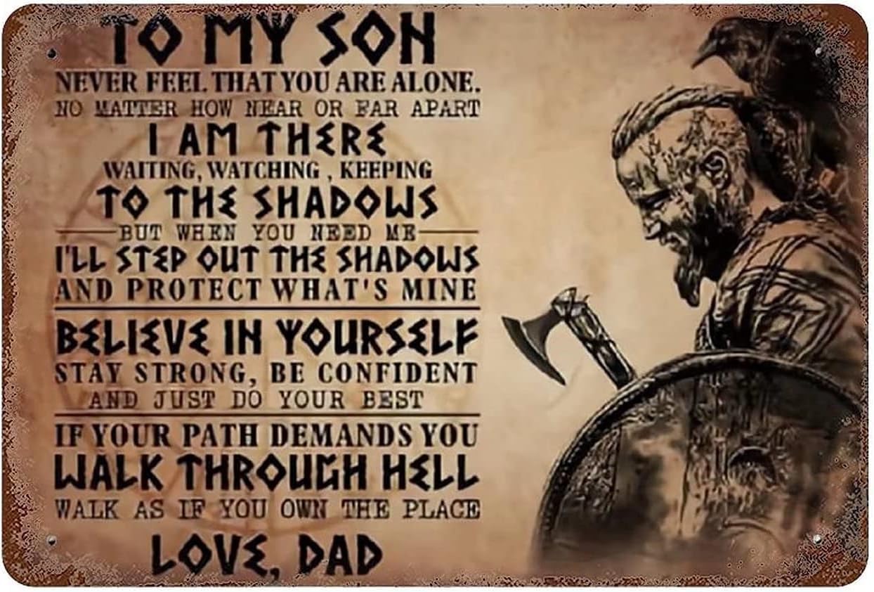 Metal Tin Sign Retro Wall Decor Viking Warrior,to My Son Fun Bathroom Vintage Metal Poster Plaques for Home Living Room Kitchen Cafe Bar Wall Decor Tin Sign Metal Signs Vintage 6x8 Inch