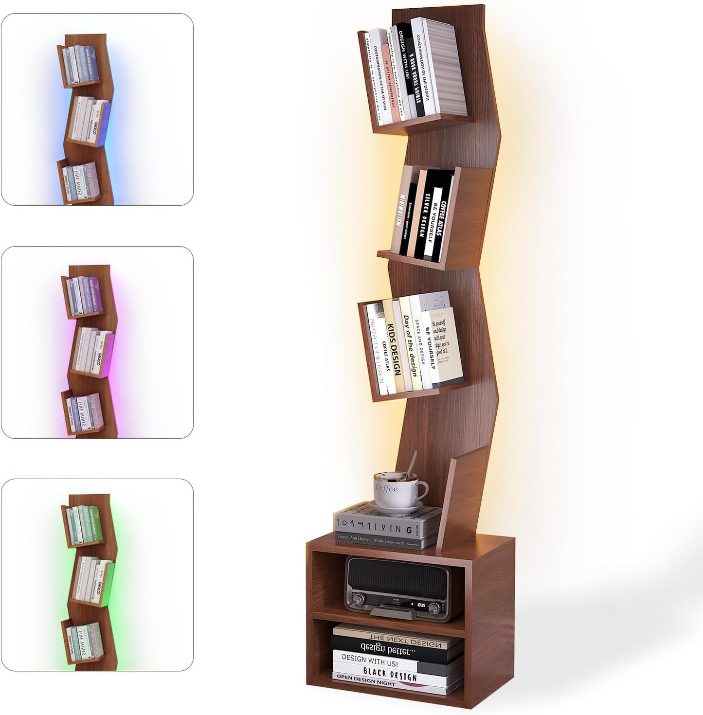 6 Tier Tree Bookshelf,Small Book Shelf with LED Lights,Corner Bookcase,Book Organizer Shelves,Floor Standing Book Shelves for Living Room,Home Office,Living Room,Vintage Rustic Brown