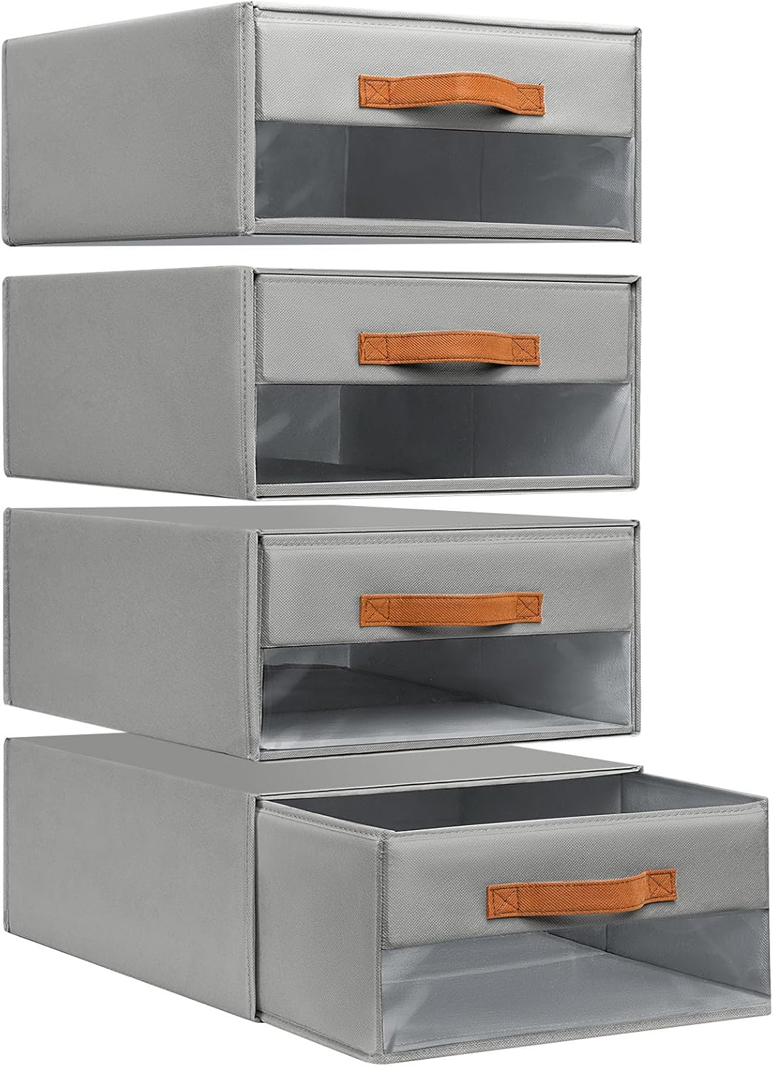 DIMJ Closet Organizers and Storage - Fabric Bins with Drawers for Closet Foldable Clothes Organizers with Clear Window, Stackable Storage Drawers Units for Bedroom, Living Room, 4-Pack, Grey