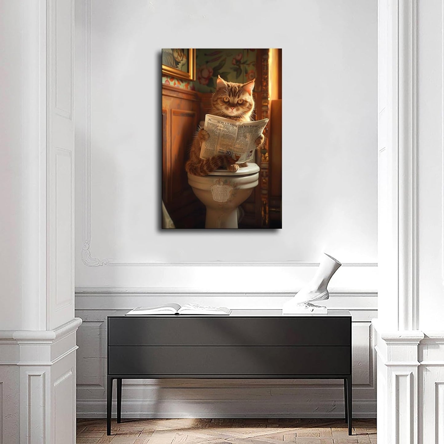 chenmjj Cat Sitting on Luxury Toilet and Reading Newspaper Print Poster Picture HD Print Poster Retro Painted Modern Home Bedroom Room Aesthetic Decoration Canvas Art (16x24inch Unframed)