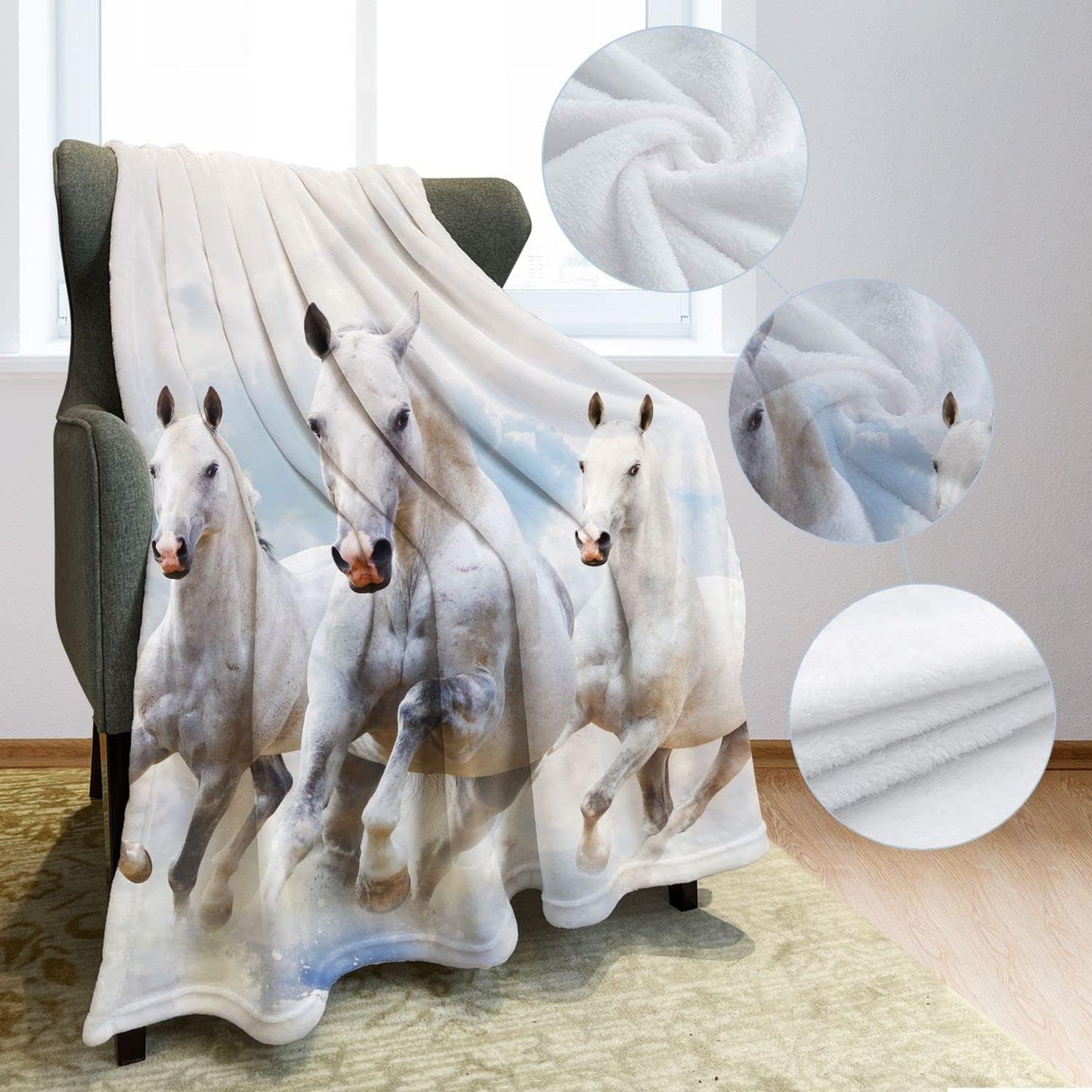 White Horse Throw Blanket Simple Design Running Animal White Cloud Fleece Blanket Soft Warm Cozy for Sofa Couch Bed 50"x60"