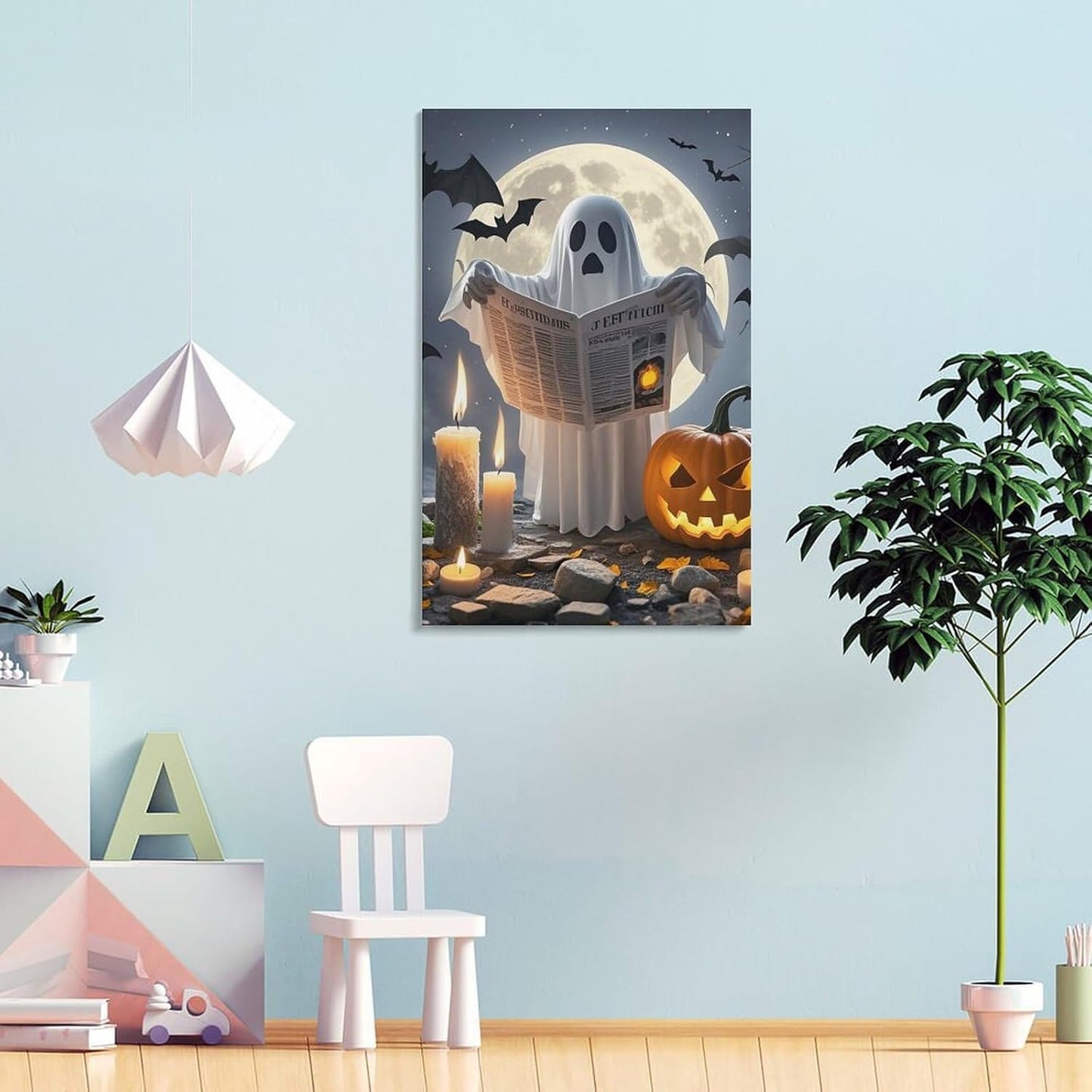 ZLFDSKGY Frame 20x30 inch (50x75 cm) Canvas Wall Art Ghost Reading Printed Wall Decor Hanging Canvas Pictures Wall Decorations Art Poster for Living Room Bedroom Bathroom