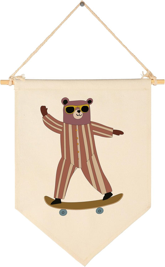 Nursery Baby Room Reading Room Door Decoration-Baby,Shower,Birthday Christmas Gift for Boy Girl Kid Teen-Canvas Hanging Flag Banner Pennant Wall Sign Decor-Skateboarding Bear