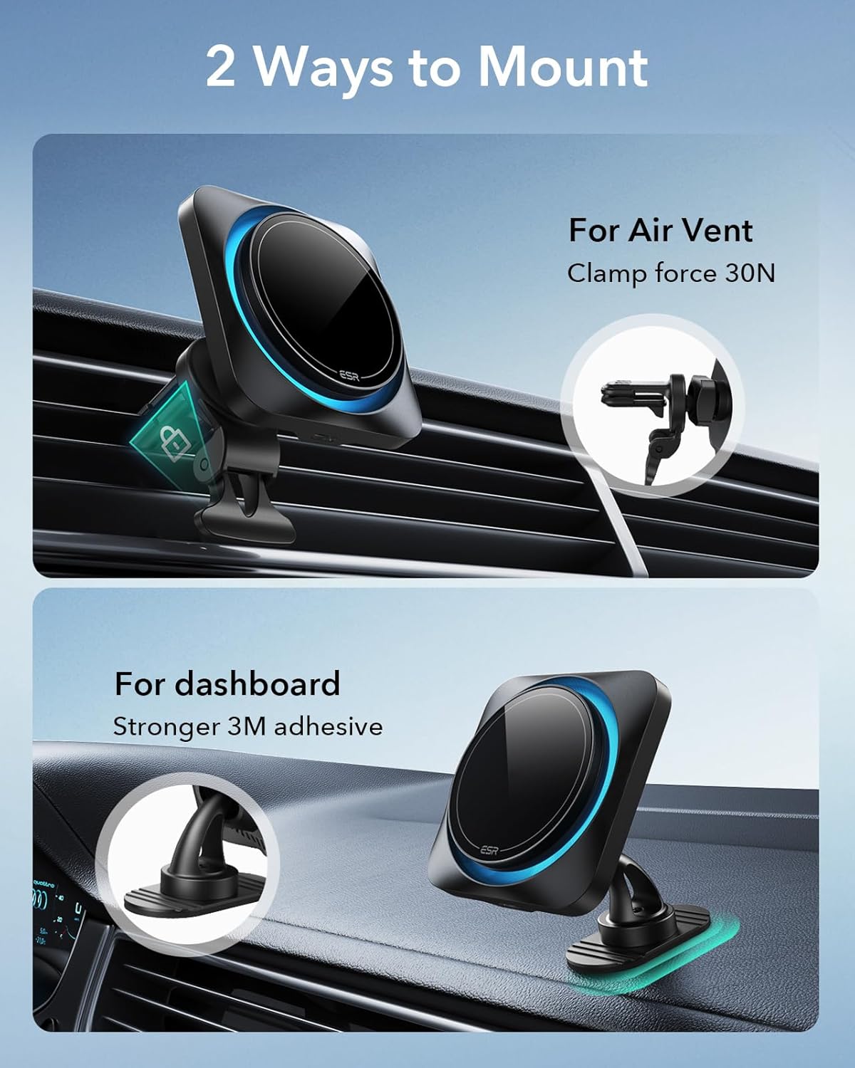 ESR for 15W MagSafe Car Mount Charger with CryoBoost, Phone Cooling MagSafe Car Charger, Air Vent/Dashboard Wireless Charging for iPhone 17e/17/16/15/14/13/12, S26/S25 Series, Pixel 10, Fast Charger