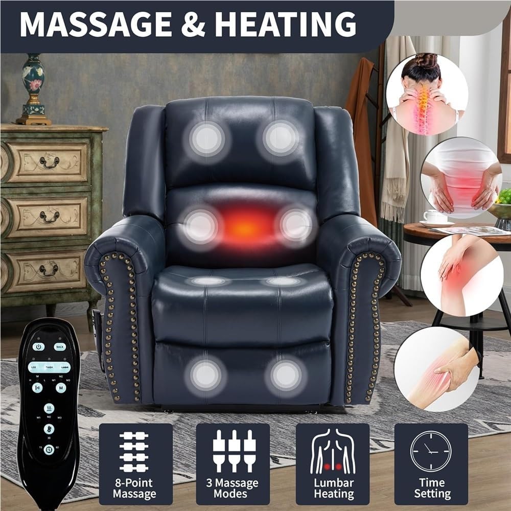 Dual Motor Power Lift Recliner with Heat Massage and Lay Flat Infinite Position Electric Chair Leather Adjustable Standing Assistance Blue Reclining Sofa for Elderly