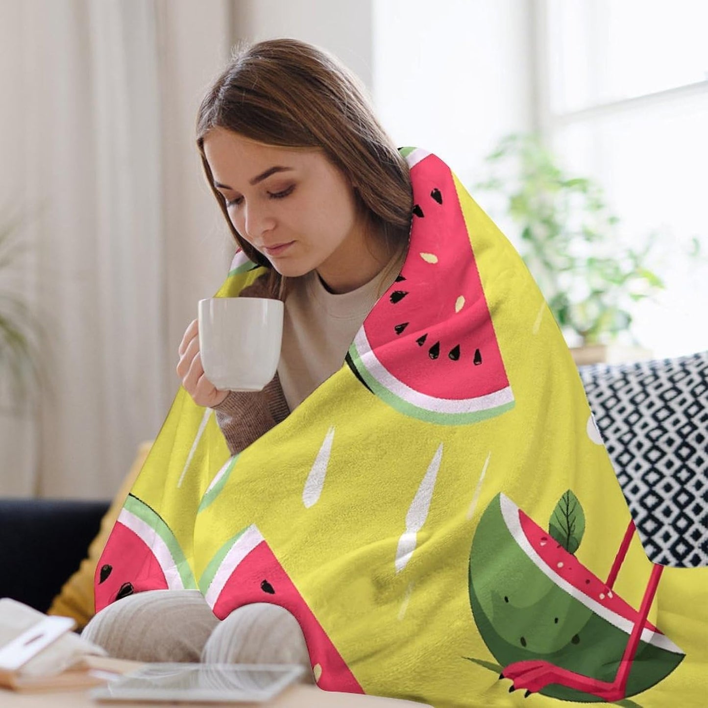 Pink Flamingo And Watermelon Blanket Super Soft Lightweight Throw Blanket Cute Cozy Warm Bed Blanket Decorative Fuzzy Blanket All-Season Home Decor Gift for Sofa Couch Living Room 40"*50" （100*130cm）