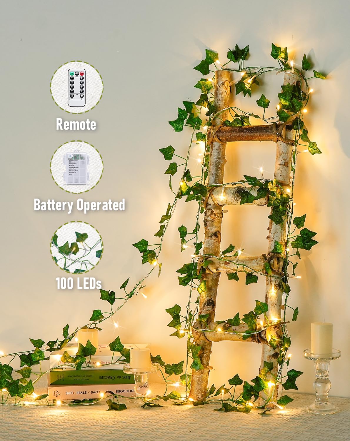 JMEXSUSS 100 LED Vines with Lights Plug in, Ivy Vines with Fairy Lights with Remote, 33 FT Leaf String Lights Waterproof for Room Bedroom Wall Fireplace Wedding Decoration（Warm White）
