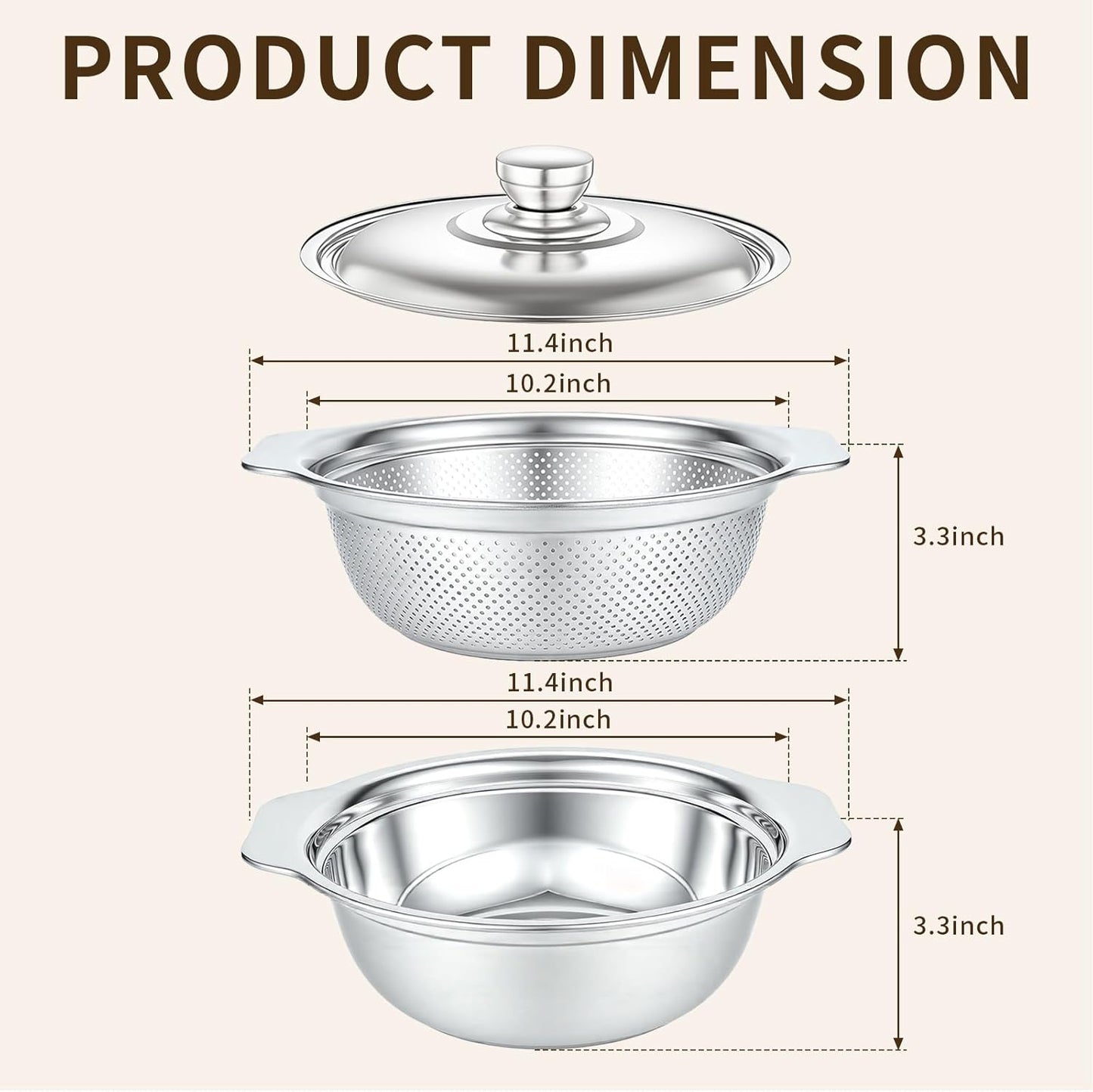Stainless Steel Colander with Basin, 3 in 1 Multifunctional Drain Basket, 10.2 Inch Food Strainers, Fruit Washing Bowl Set, Strainer for Kitchen