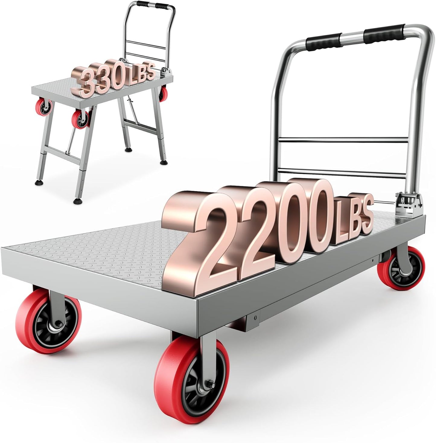 2IN1 43"×24" Foldable Platform Truck, Portable Ladder Platform, Height Adjustable Work Scaffolding, 2200lbs Capacity Heavy Duty Flatbed Bed Cart w/2 Swivel Casters