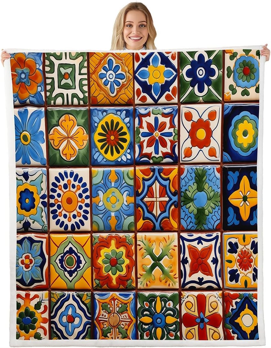 Erosebridal Mexican Talavera Tile Blanket Throw,Exotic Ethnic Boho Style Blankets Throws for Kids Adults Room Decor,Colorful Bohemian Fleece Blanket Geometric Flower Blanket 40"x50"