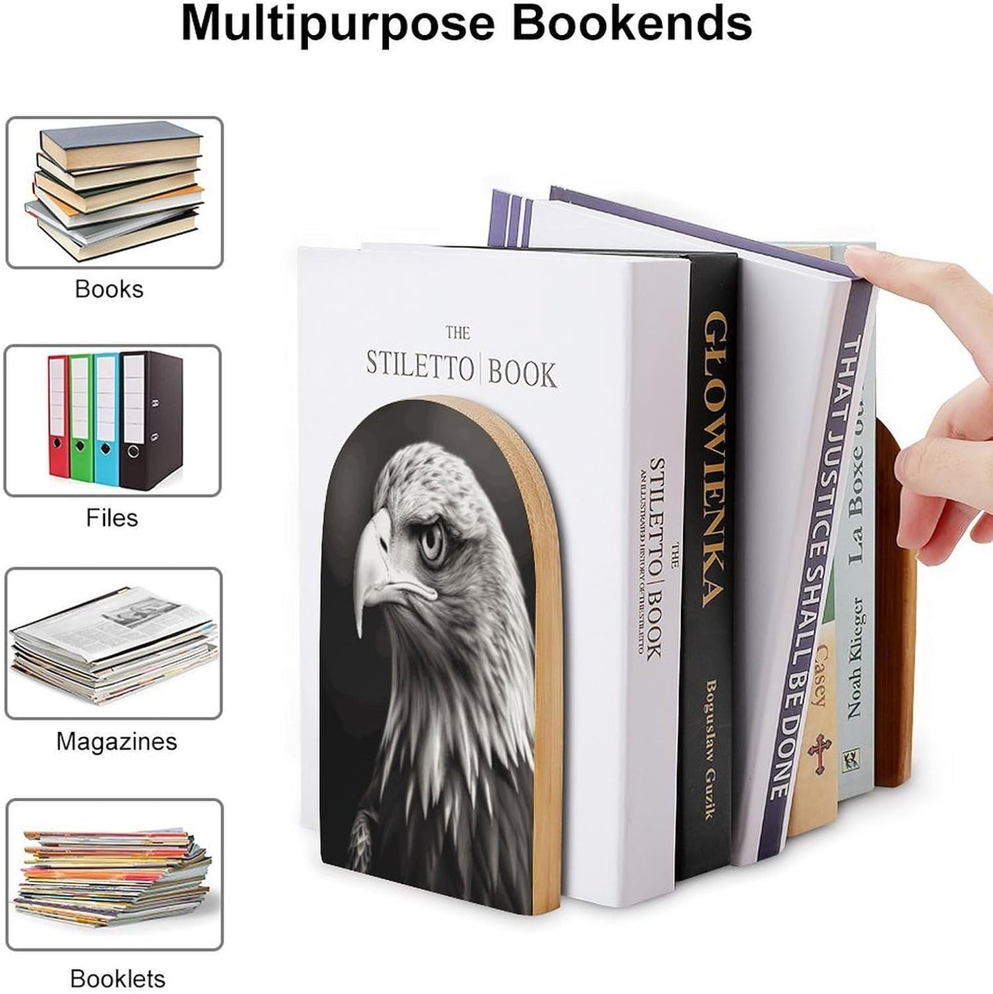 Eagle Black and White Bookend for Shelves Wooden Book End Large Size Sturdy Book Holders Stoppers with Metal Base for Bookshelves Slick Decorative Bookends Stands